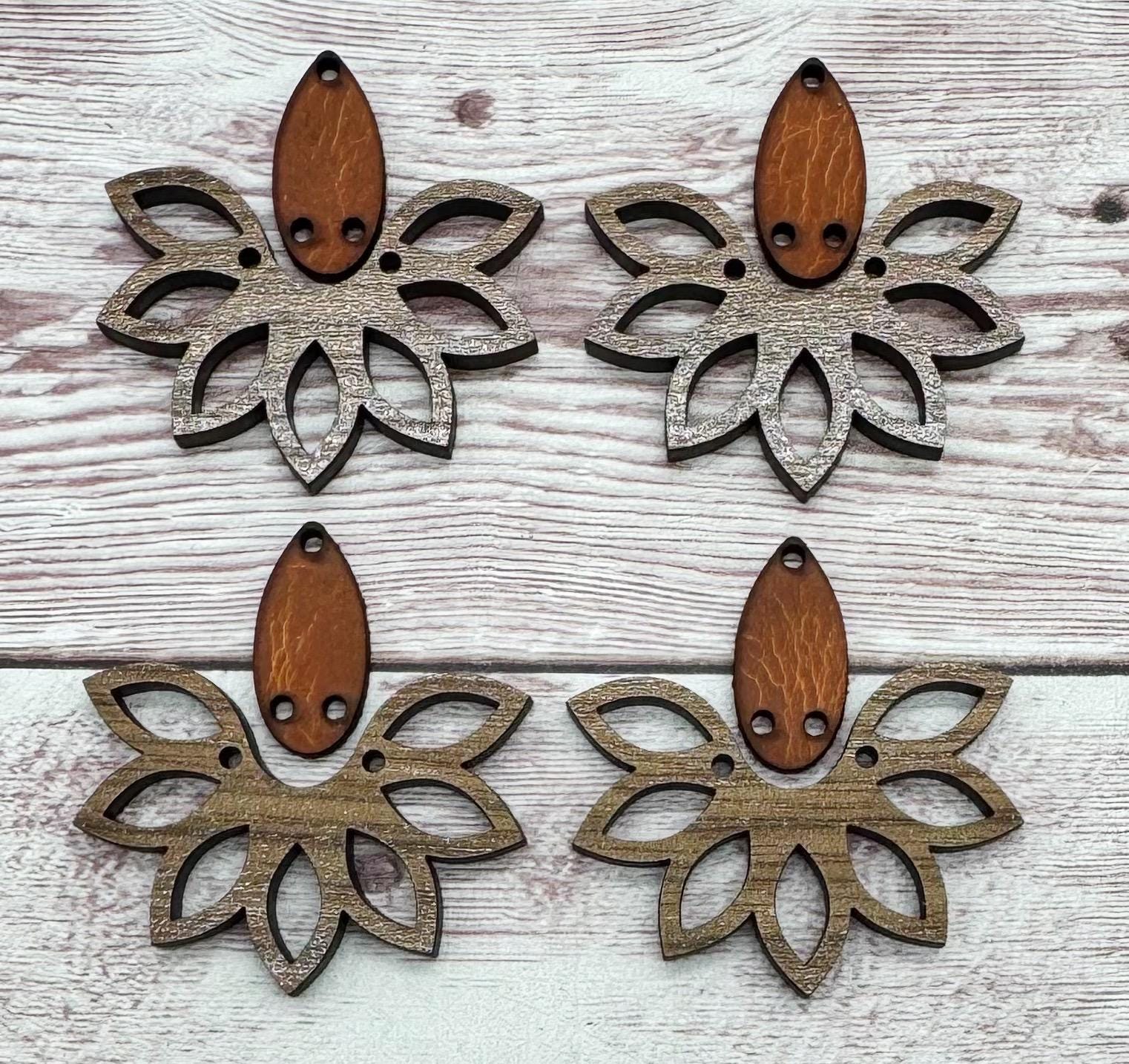 Wood Flower and Vegetable Tanned Leather Connector Set Earring Blanks, Finished Walnut Blank, DIY Jewelry Making
