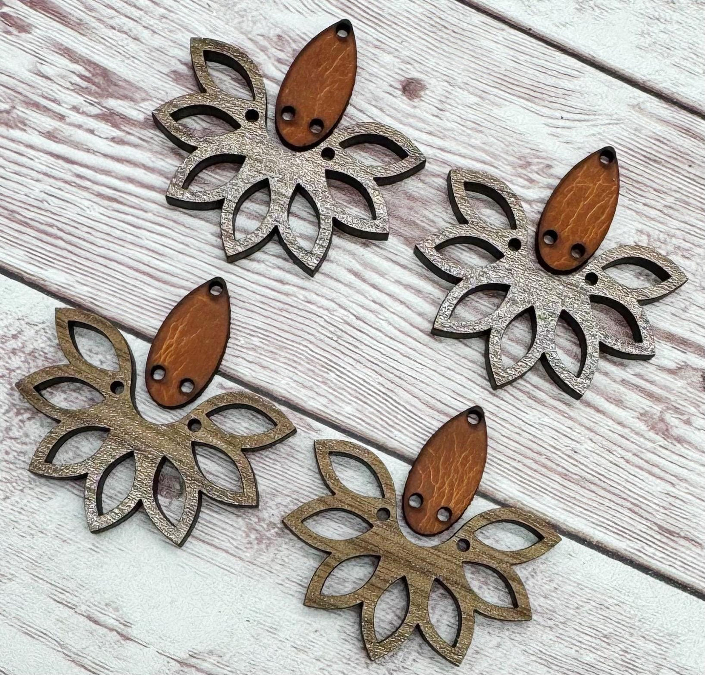 Wood Flower and Vegetable Tanned Leather Connector Set Earring Blanks, Finished Walnut Blank, DIY Jewelry Making