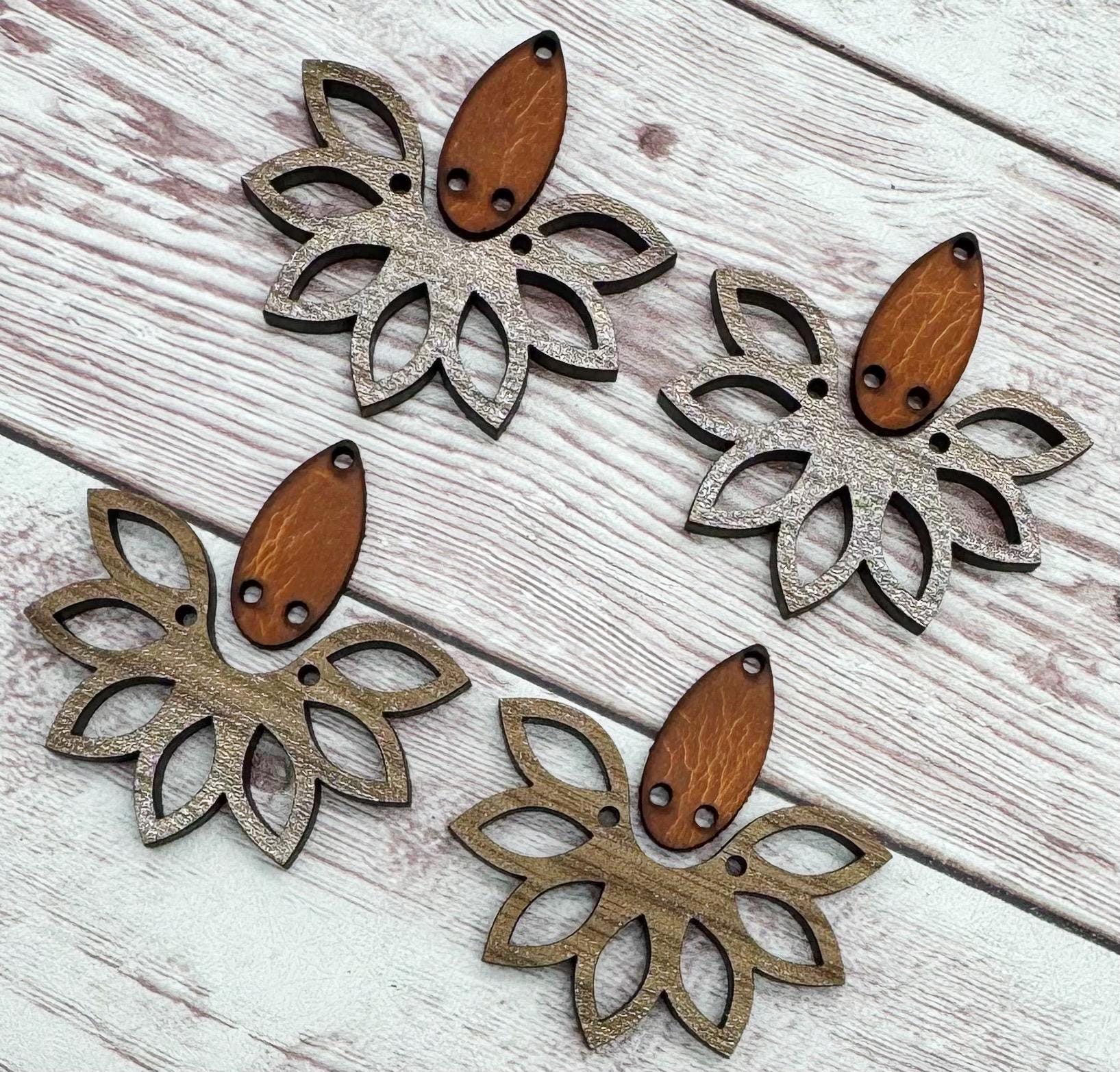 Wood Flower and Vegetable Tanned Leather Connector Set Earring Blanks, Finished Walnut Blank, DIY Jewelry Making