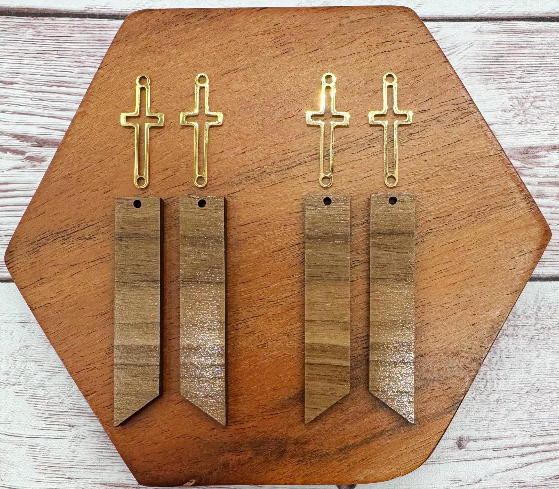 Walnut Bar and Stainless Steel Gold Cross Connector Set, Earring Blanks, DIY Jewelry Making