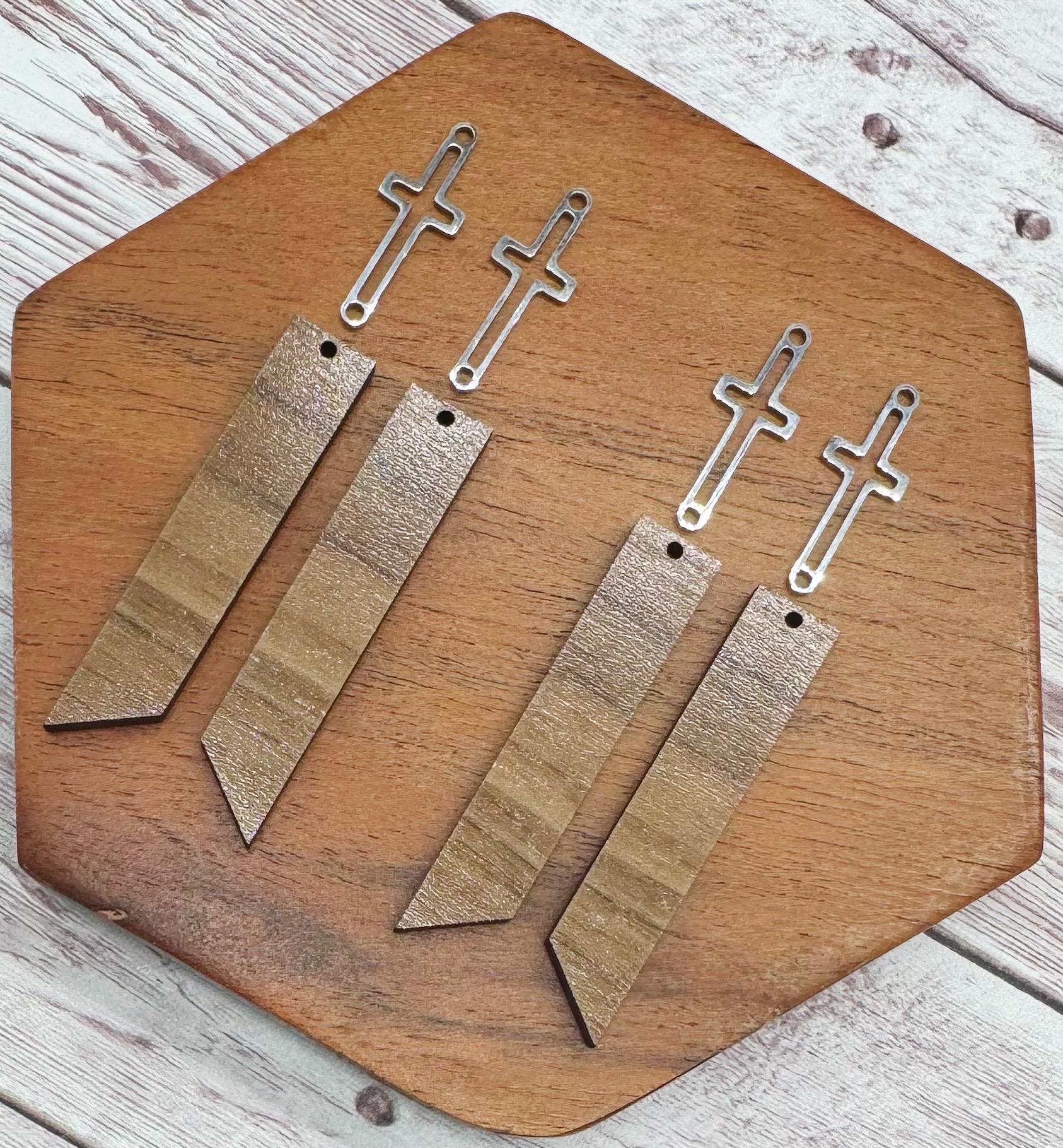 Walnut Bar and Stainless Steel Silver Cross Connector Set, Earring Blanks, DIY Jewelry Making