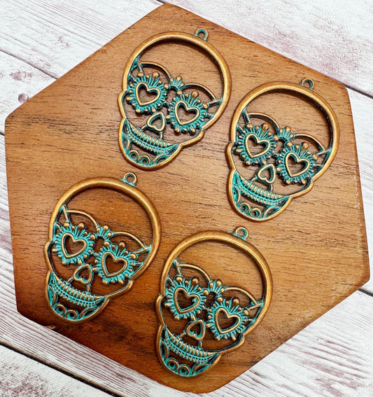 Sugar Skull Red Copper and Green Patina Earring Blanks, 41x31.5mm, Halloween Earring Findings, DIY Jewelry Making