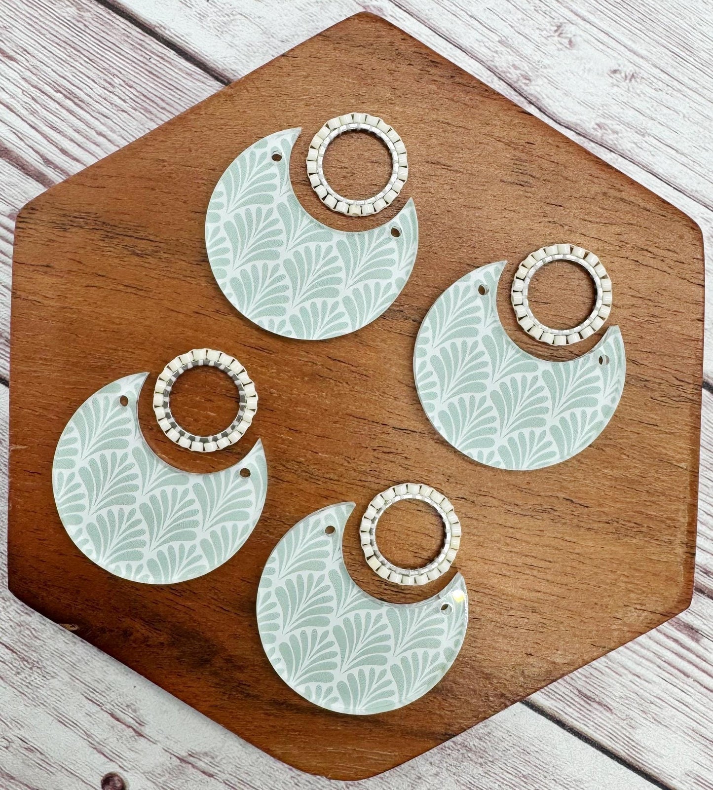 Fern Fan Print Acrylic and White Japanese Seed Bead Open Circle Connector Earring Blank Set, DIY Jewelry Making