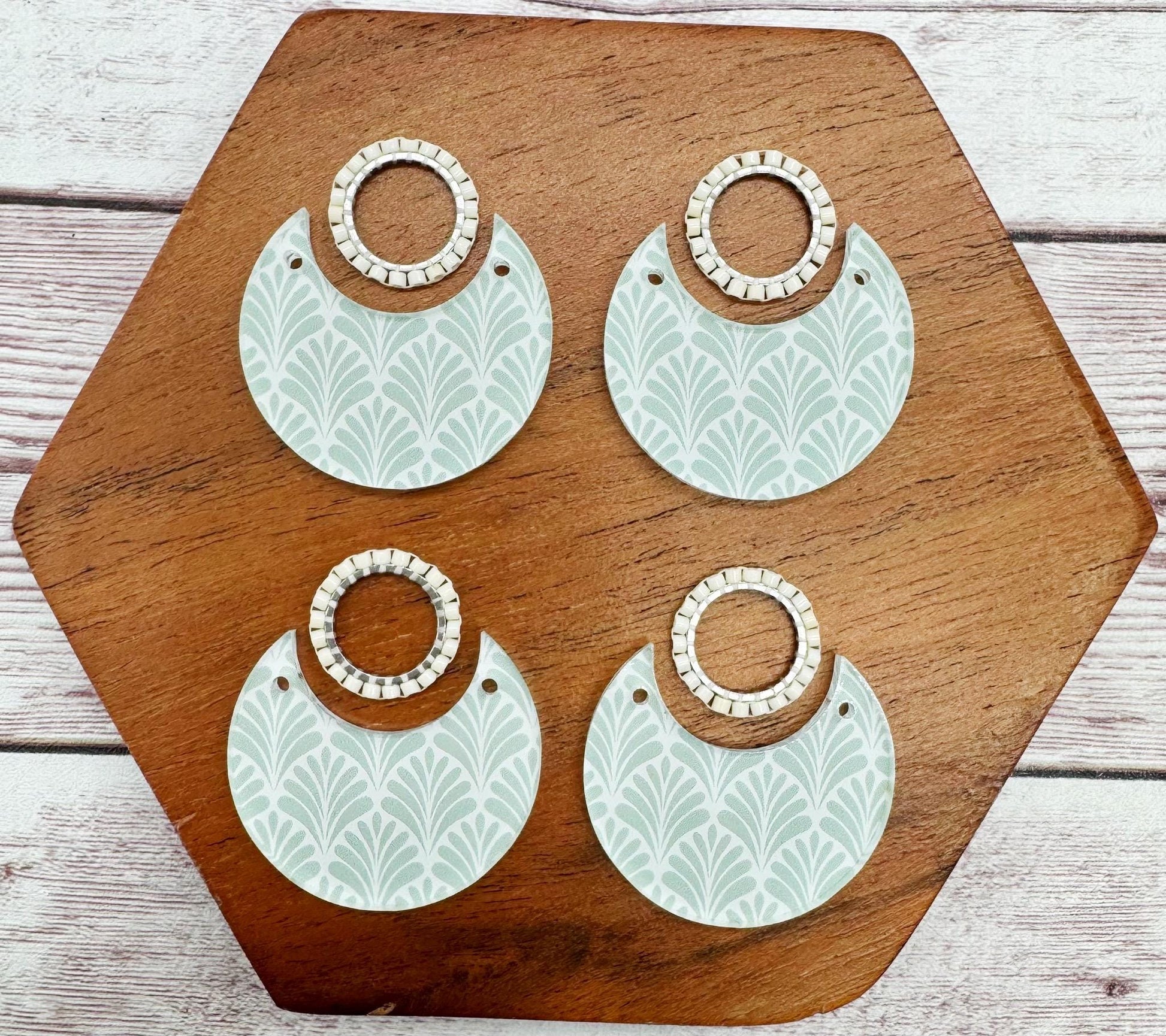 Fern Fan Print Acrylic and White Japanese Seed Bead Open Circle Connector Earring Blank Set, DIY Jewelry Making