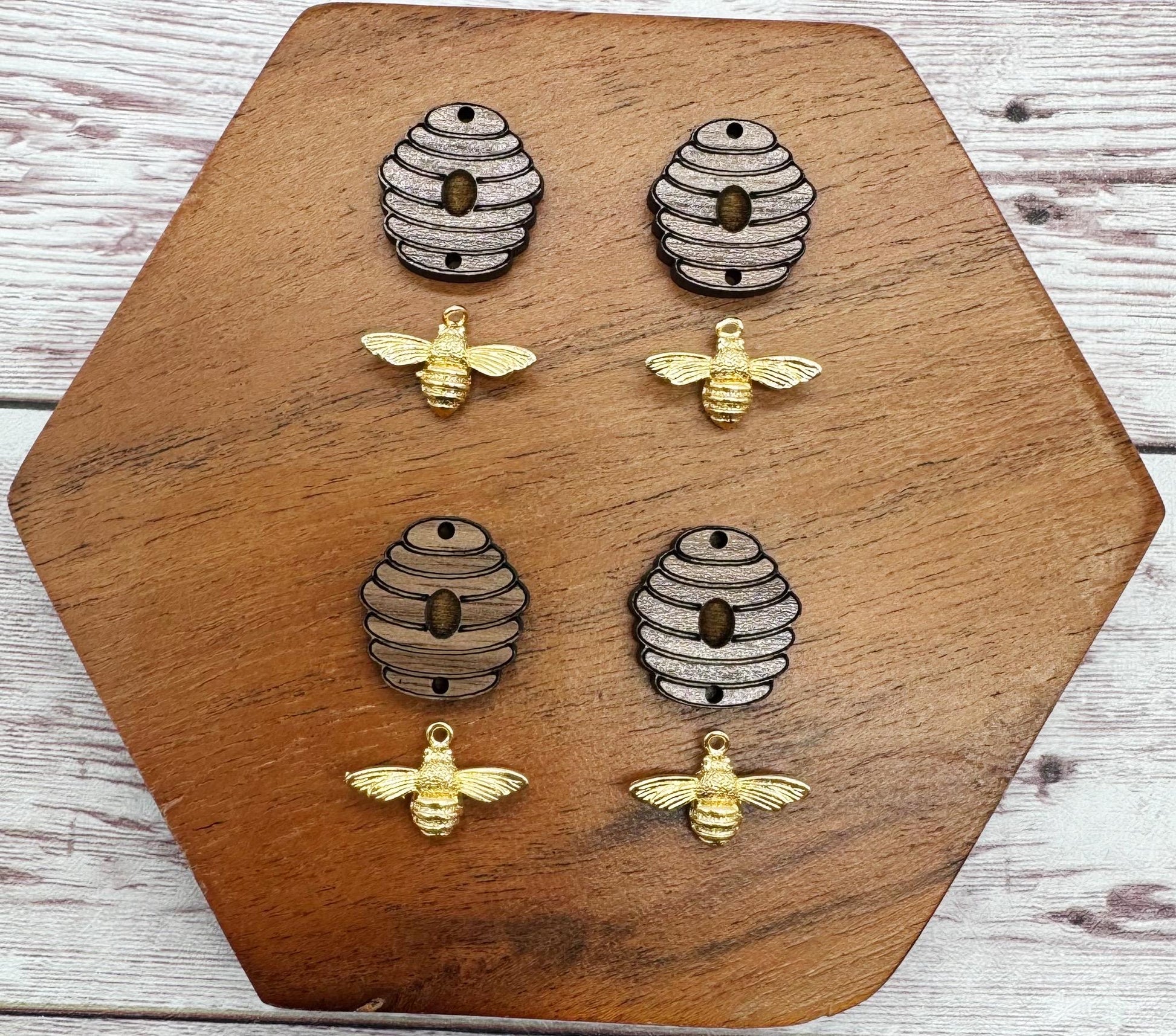 Engraved Wood Beehive and Gold Bee Set Earring Blanks, DIY Jewelry Making