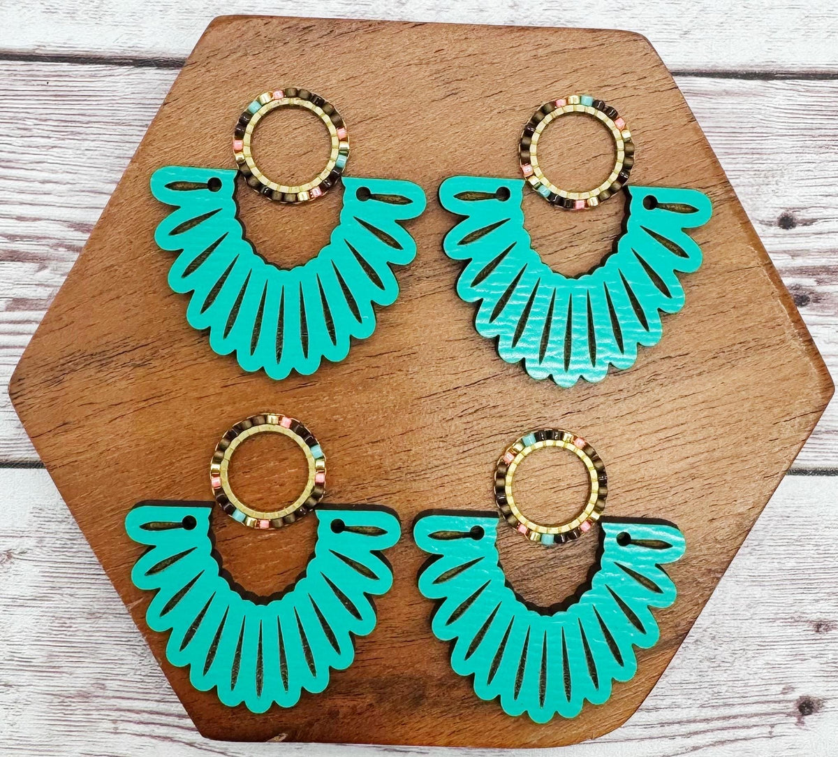 Engraved Scalloped Teal Wood and Japanese Seed Bead Open Circle Connector Set Earring Blanks, DIY Jewelry Making