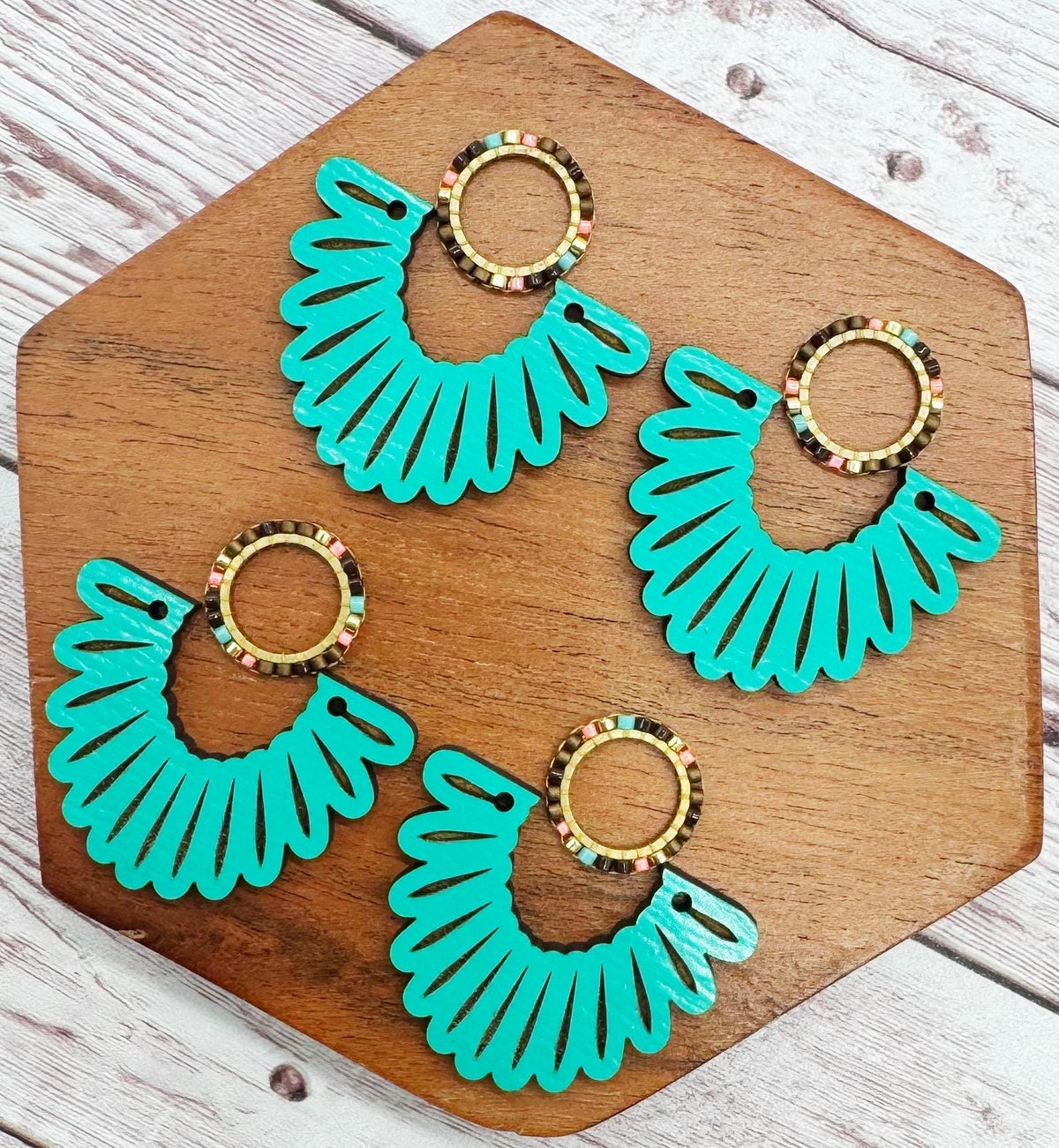 Engraved Scalloped Teal Wood and Japanese Seed Bead Open Circle Connector Set Earring Blanks, DIY Jewelry Making
