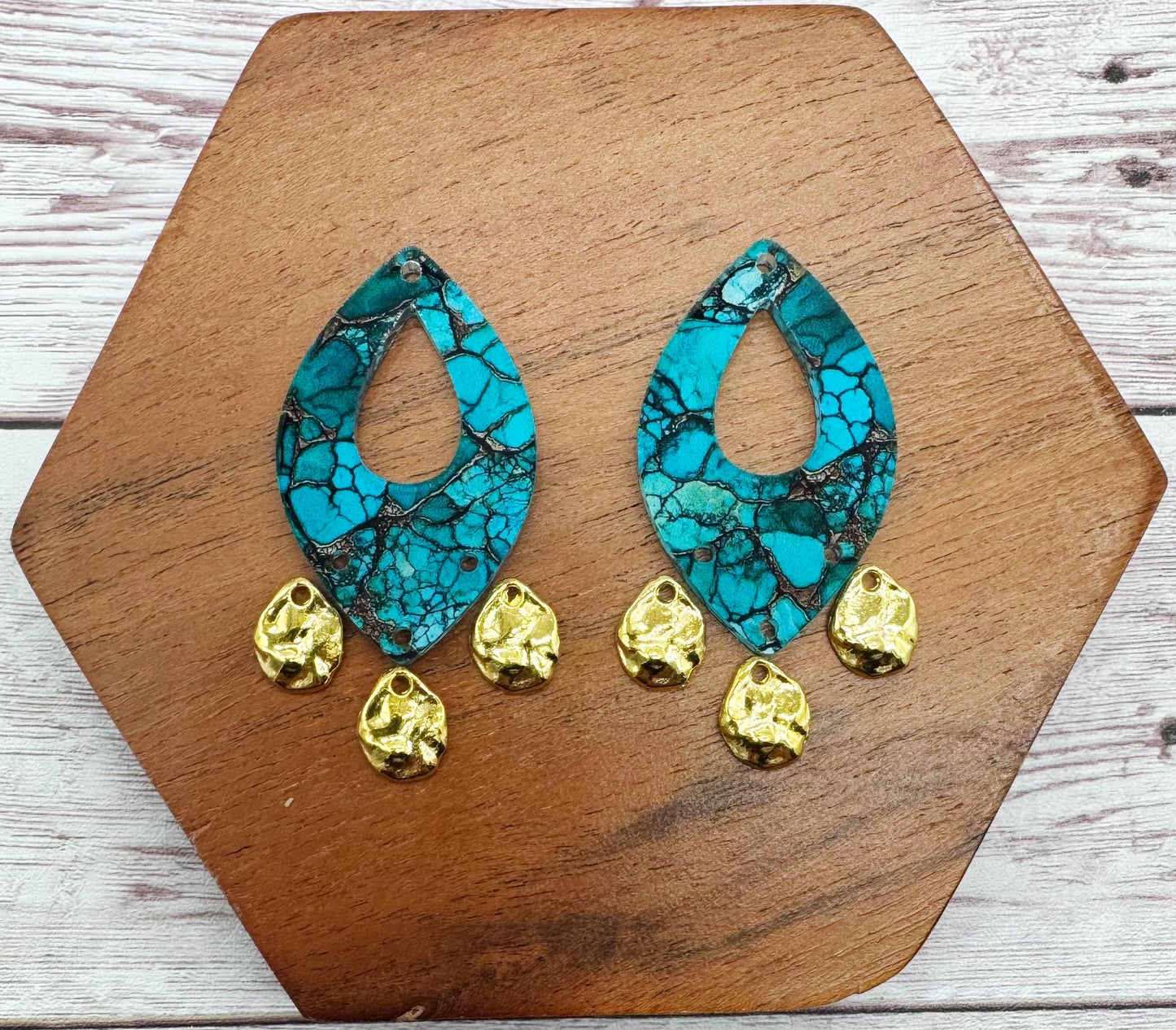 Turquoise Print Acrylic and Gold Teardrop Dangle Set Earring Blanks, DIY Jewelry Making