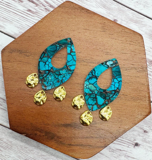 Turquoise Print Acrylic and Gold Teardrop Dangle Set Earring Blanks, DIY Jewelry Making