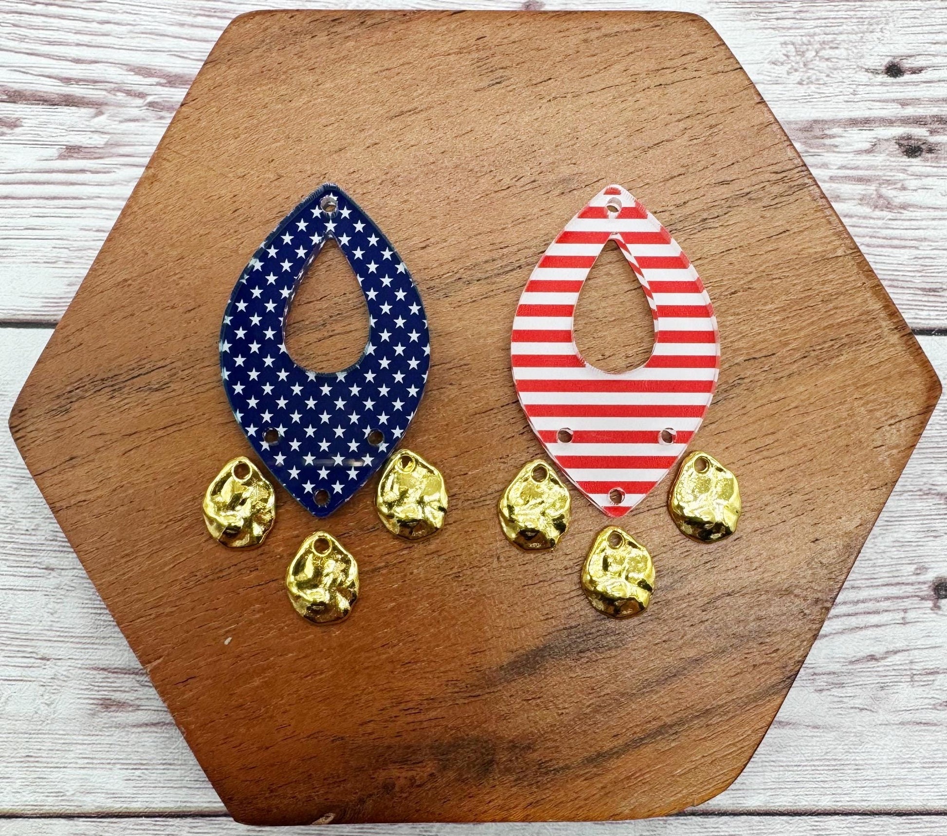 Patriotic Stars and Stripes Print Acrylic and Gold Teardrop Dangle Set Earring Blanks, 4th of July, DIY Jewelry Making