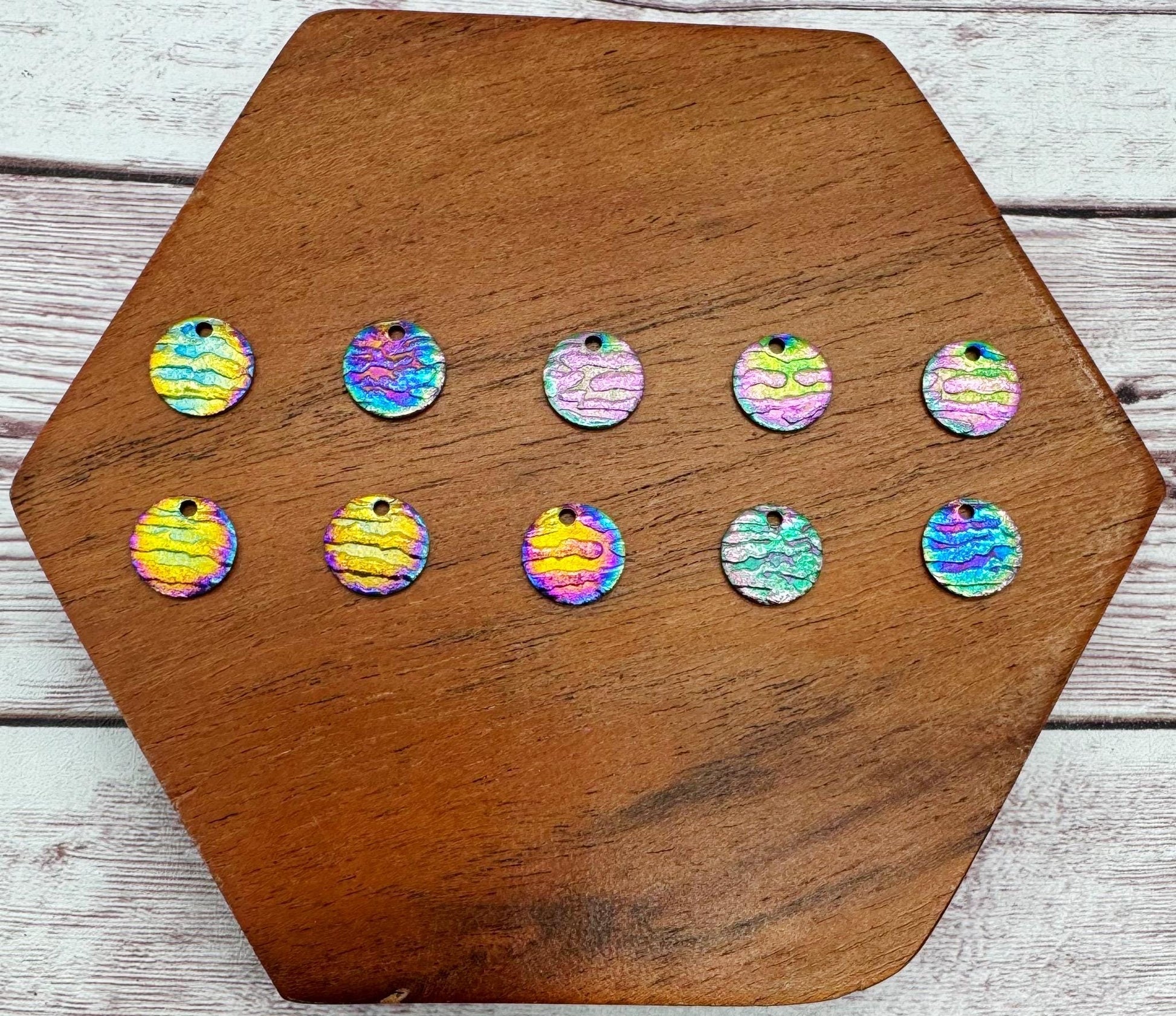 Set of 5 Pair Mini Stainless Steel Rainbow Textured Round Earring Charms, 10.5mm, Earring Findings, DIY Jewelry Making
