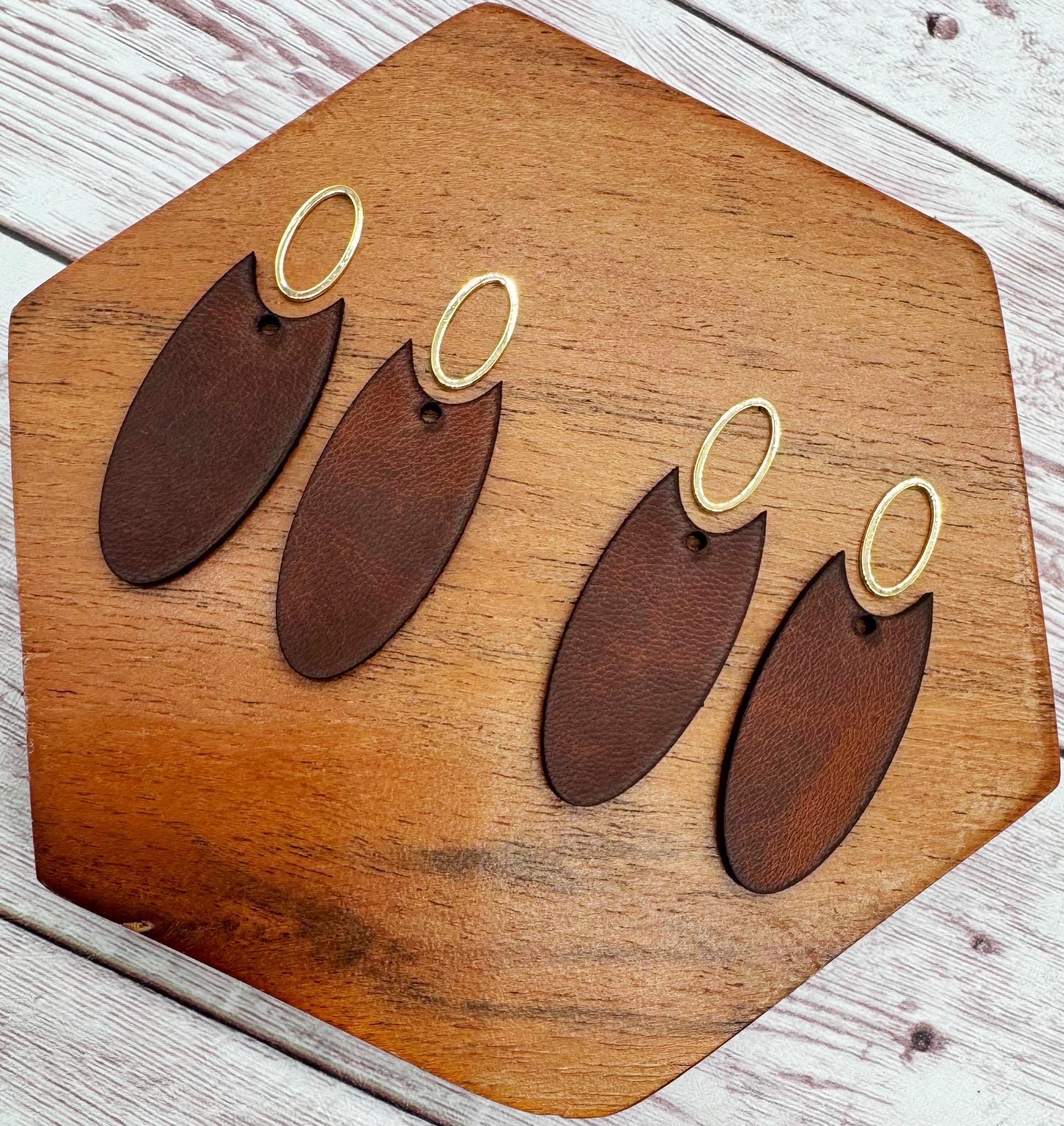 Brown Vegetable Tanned Leather Elongated Oval and Gold Oval Connector Set, Earring Blanks, DIY Jewelry Making