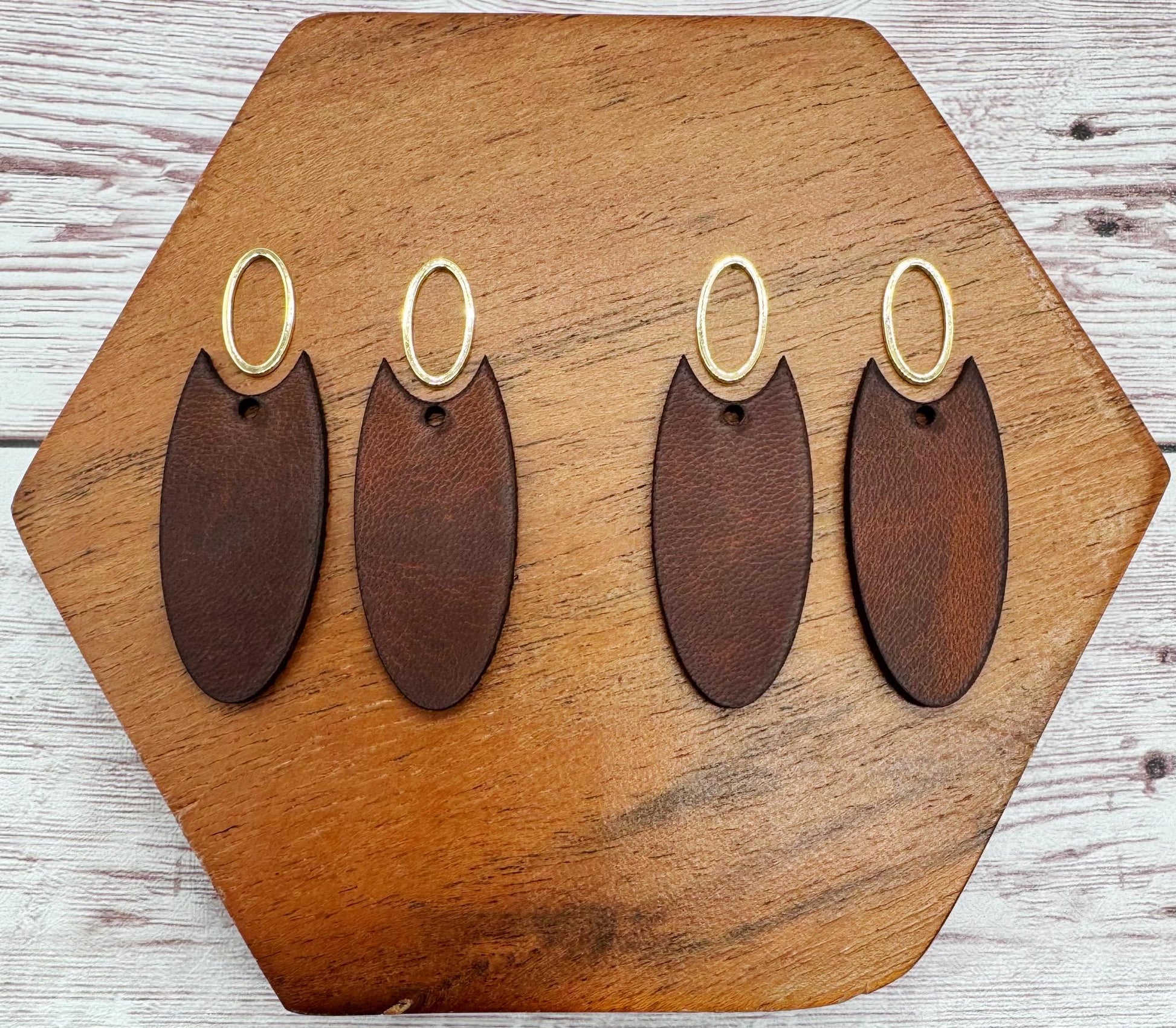 Brown Vegetable Tanned Leather Elongated Oval and Gold Oval Connector Set, Earring Blanks, DIY Jewelry Making