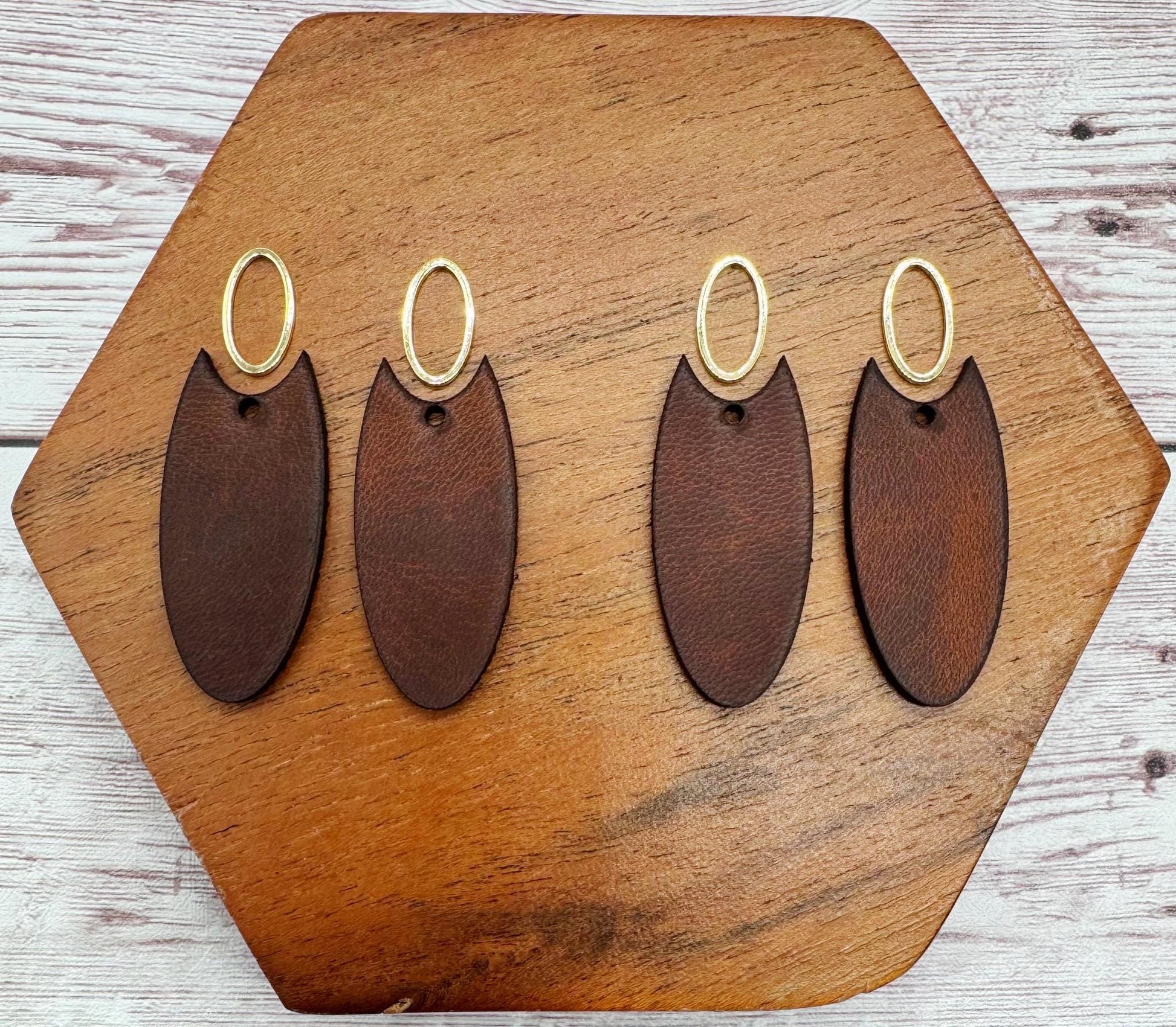 Brown Vegetable Tanned Leather Elongated Oval and Gold Oval Connector Set, Earring Blanks, DIY Jewelry Making