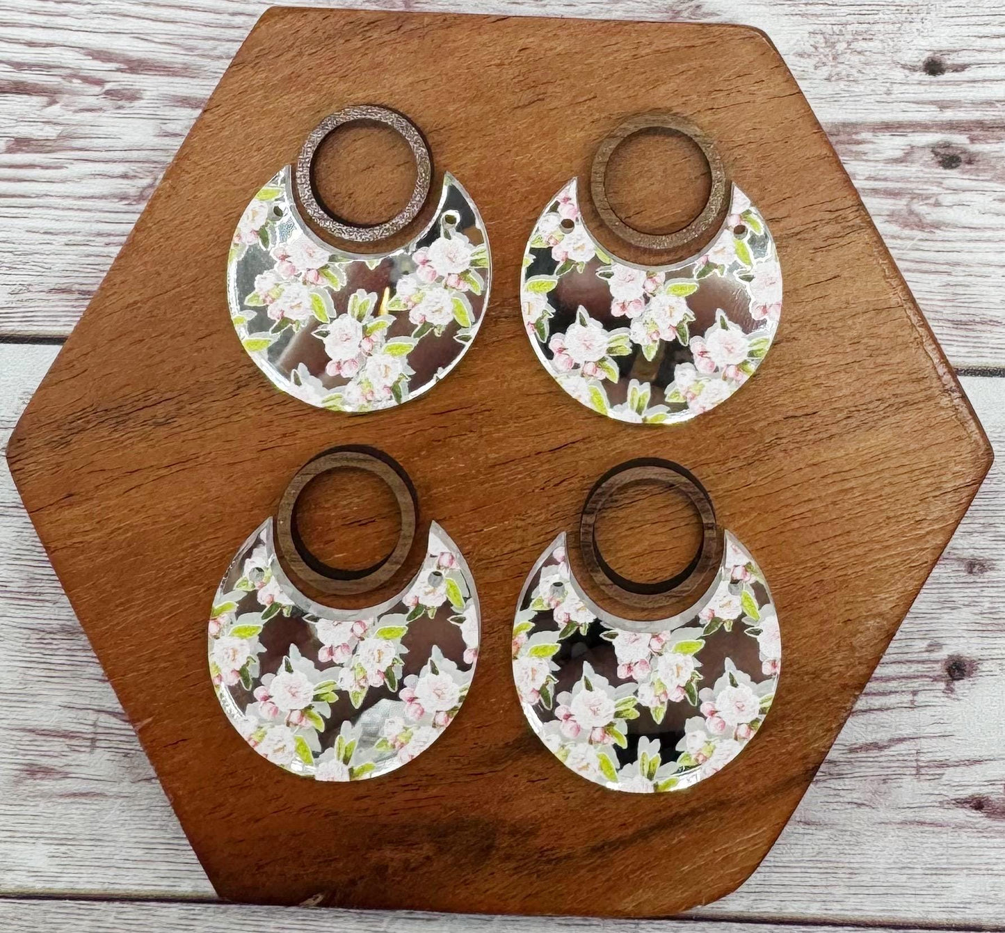 Floral Print on Silver Mirrored Acrylic and Wood Open Circle Connector Earring Blank Set, DIY Jewelry Making
