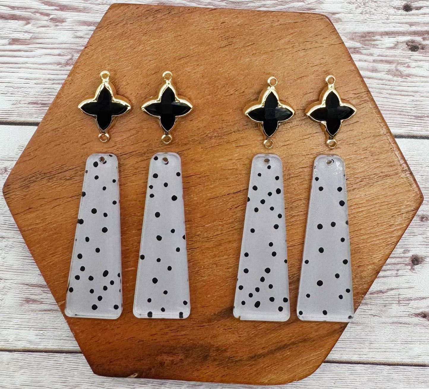 Purple and Black Polka Dot Acrylic and Black Glass Connector Set, Earring Blanks, DIY Jewelry Making
