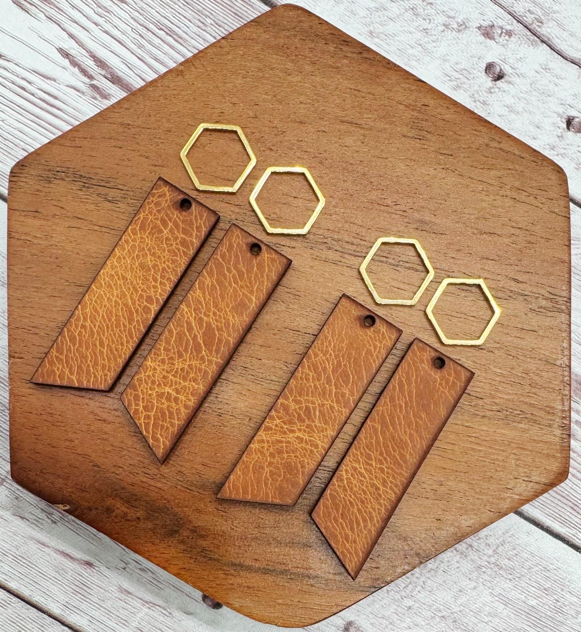 Natural Vegetable Tanned Leather Bar and Gold Hexagon Connector Set, Earring Blanks, DIY Jewelry Making