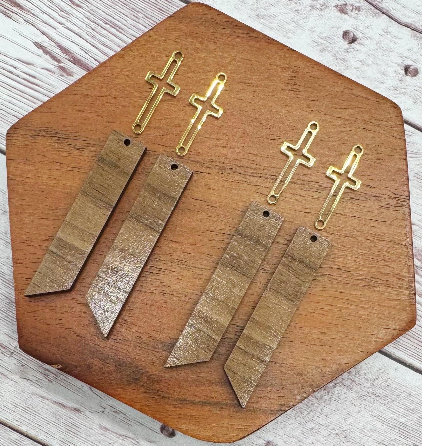 Walnut Bar and Stainless Steel Gold Cross Connector Set, Earring Blanks, DIY Jewelry Making