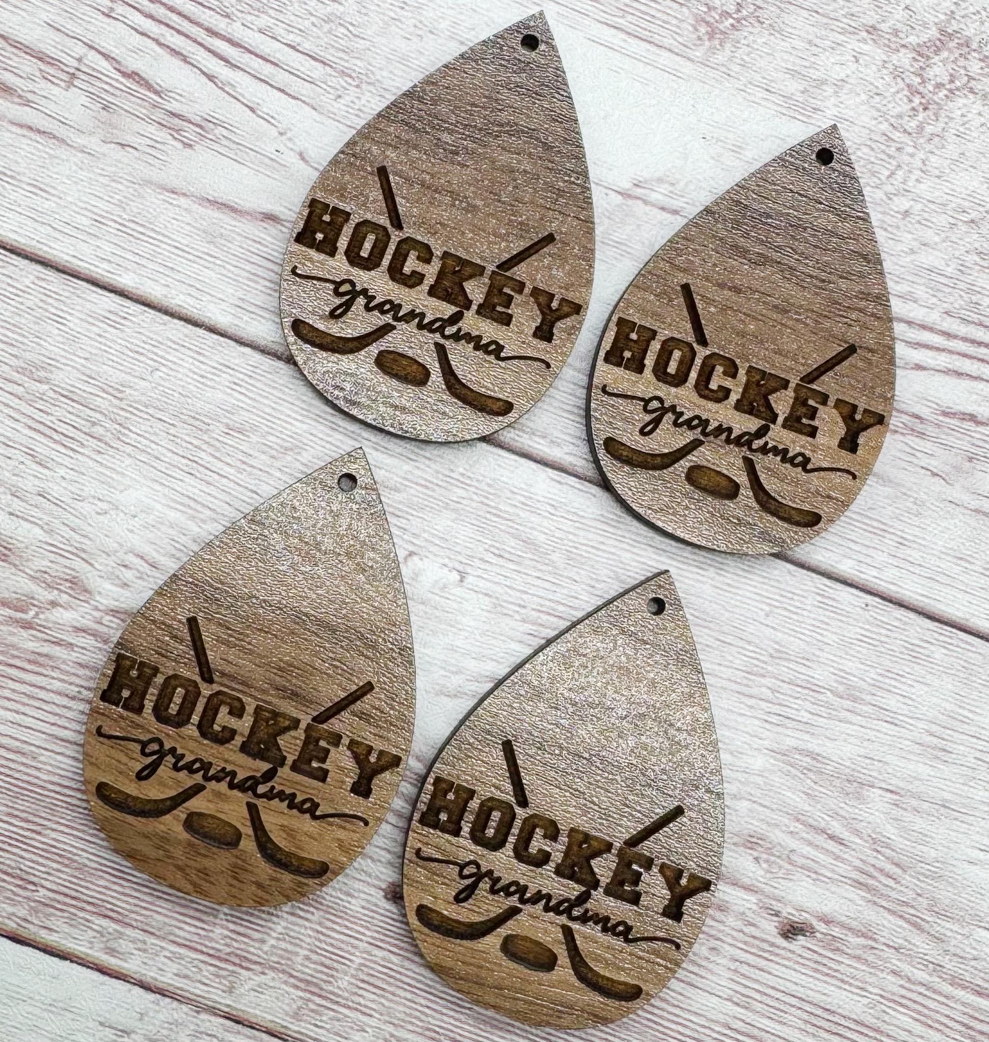 Wood Engraved Hockey Grandma Earring Blanks, Finished Walnut Blank, DIY Jewelry Making