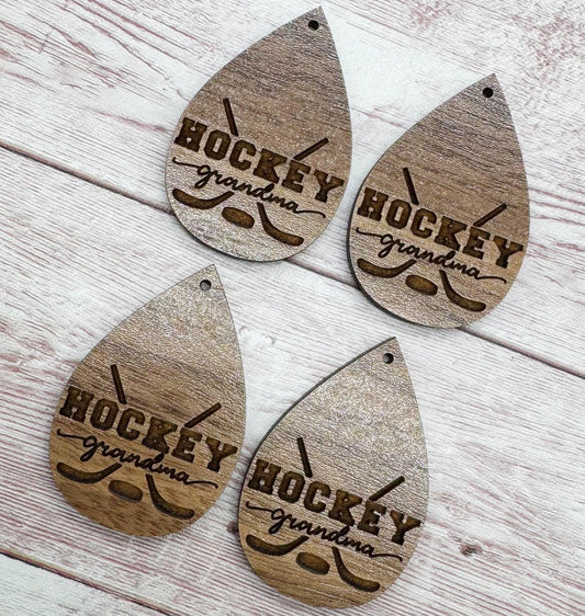 Wood Engraved Hockey Grandma Earring Blanks, Finished Walnut Blank, DIY Jewelry Making