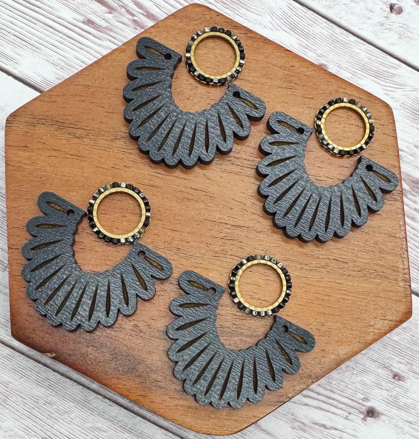 Engraved Scalloped Black Wood and Japanese Seed Bead Open Circle Connector Set Earring Blanks, DIY Jewelry Making