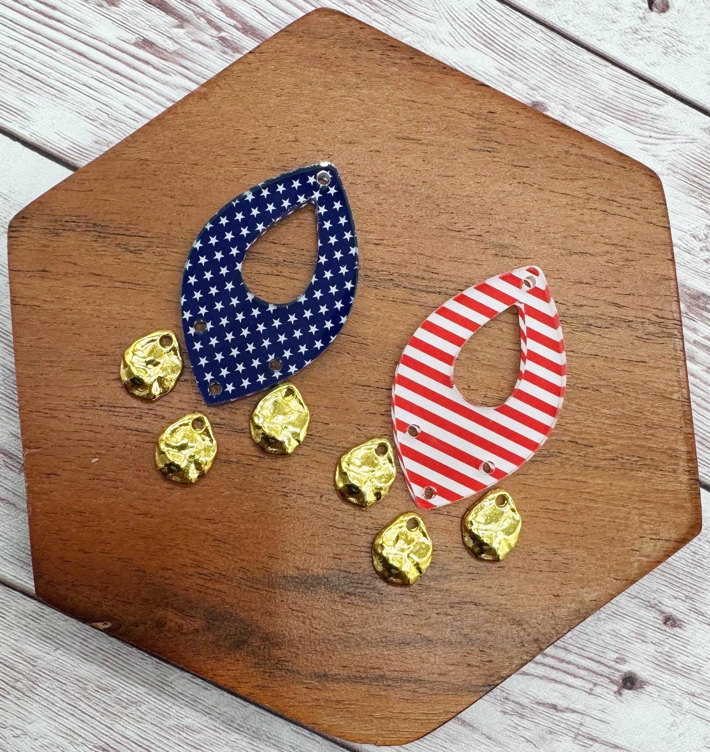 Patriotic Stars and Stripes Print Acrylic and Gold Teardrop Dangle Set Earring Blanks, 4th of July, DIY Jewelry Making
