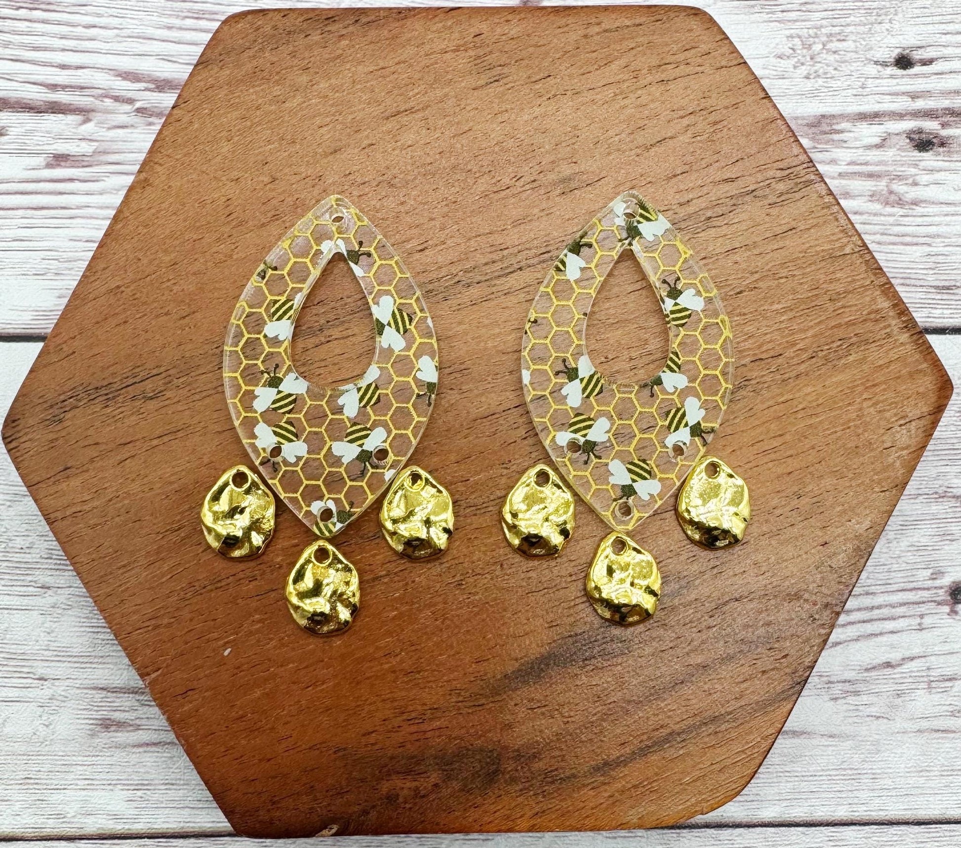 Bee Print Acrylic and Gold Teardrop Dangle Set Earring Blanks, DIY Jewelry Making