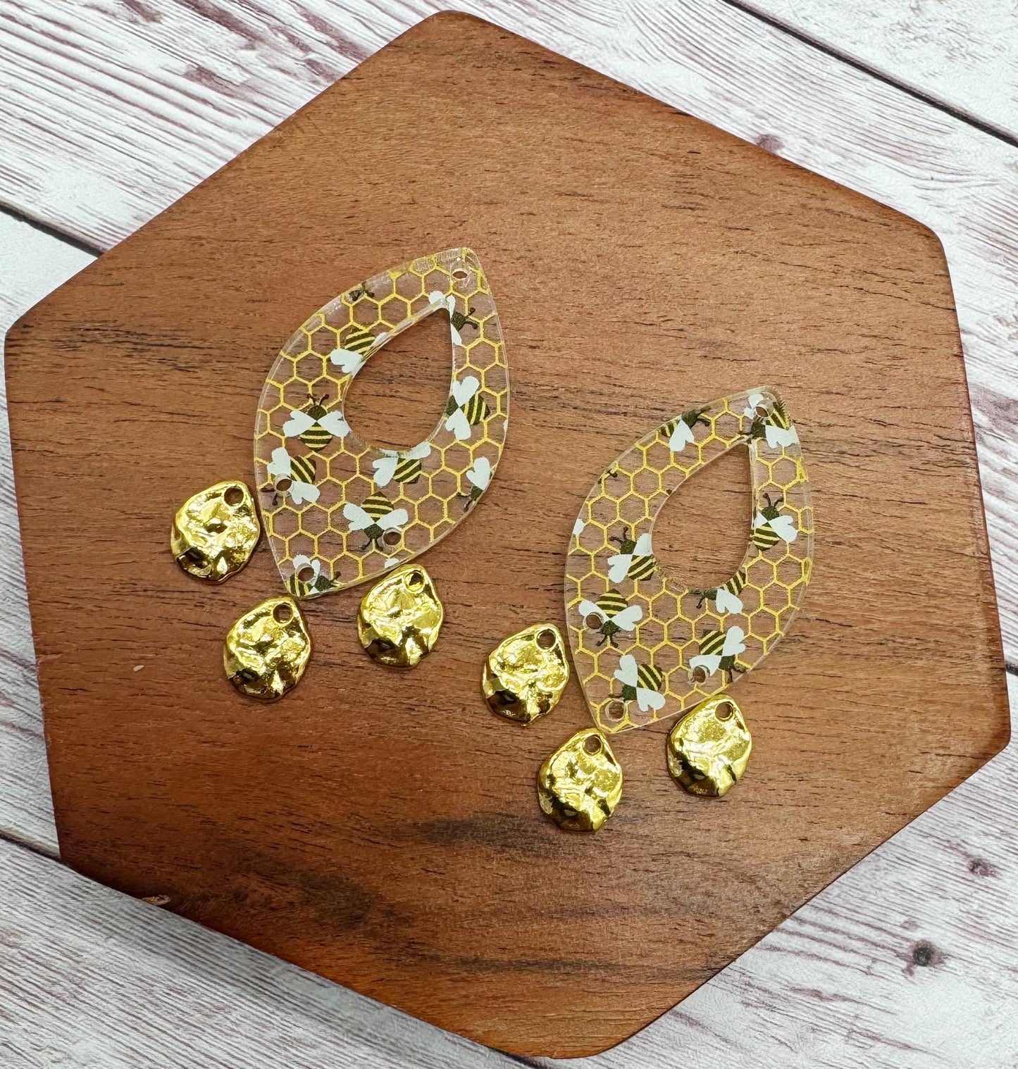 Bee Print Acrylic and Gold Teardrop Dangle Set Earring Blanks, DIY Jewelry Making