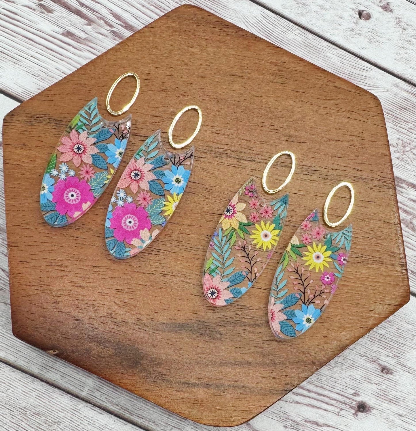Floral Print Acrylic Elongated Oval and Gold Oval Connector Set, Earring Blanks, DIY Jewelry Making