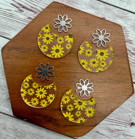 Sunflower Print Acrylic and Silver Flower Connector Set Earring Blanks, DIY Jewelry Making