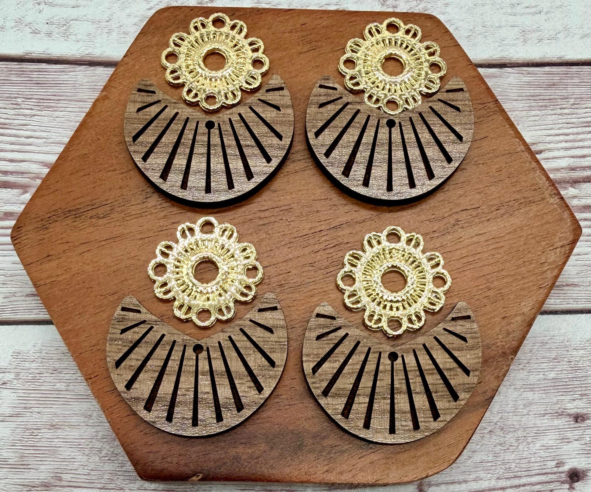 Finished Walnut Engraved Boho Bottom With Gold Connector Set Earring Blanks, DIY Jewelry Making