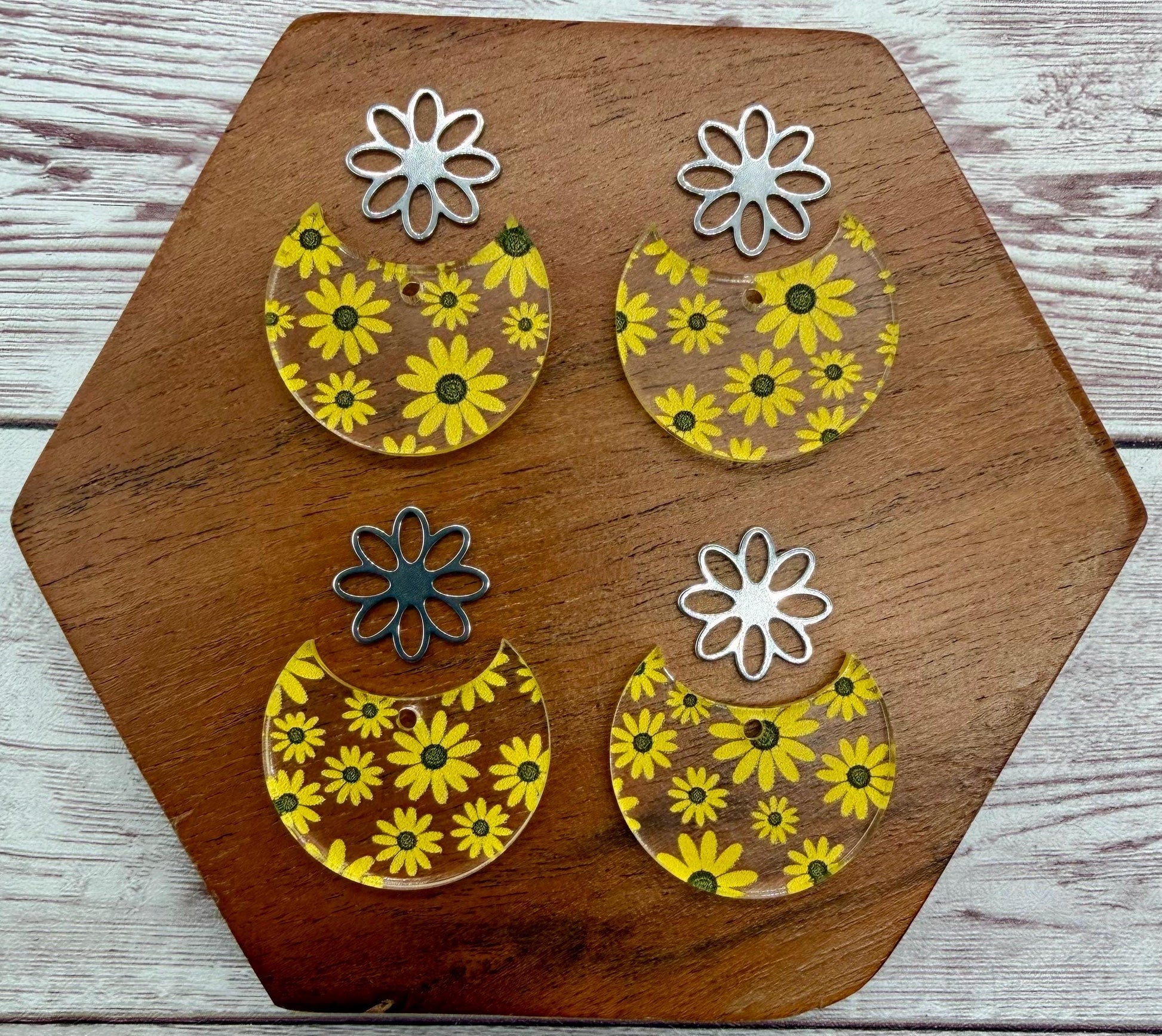 Sunflower Print Acrylic and Silver Flower Connector Set Earring Blanks, DIY Jewelry Making