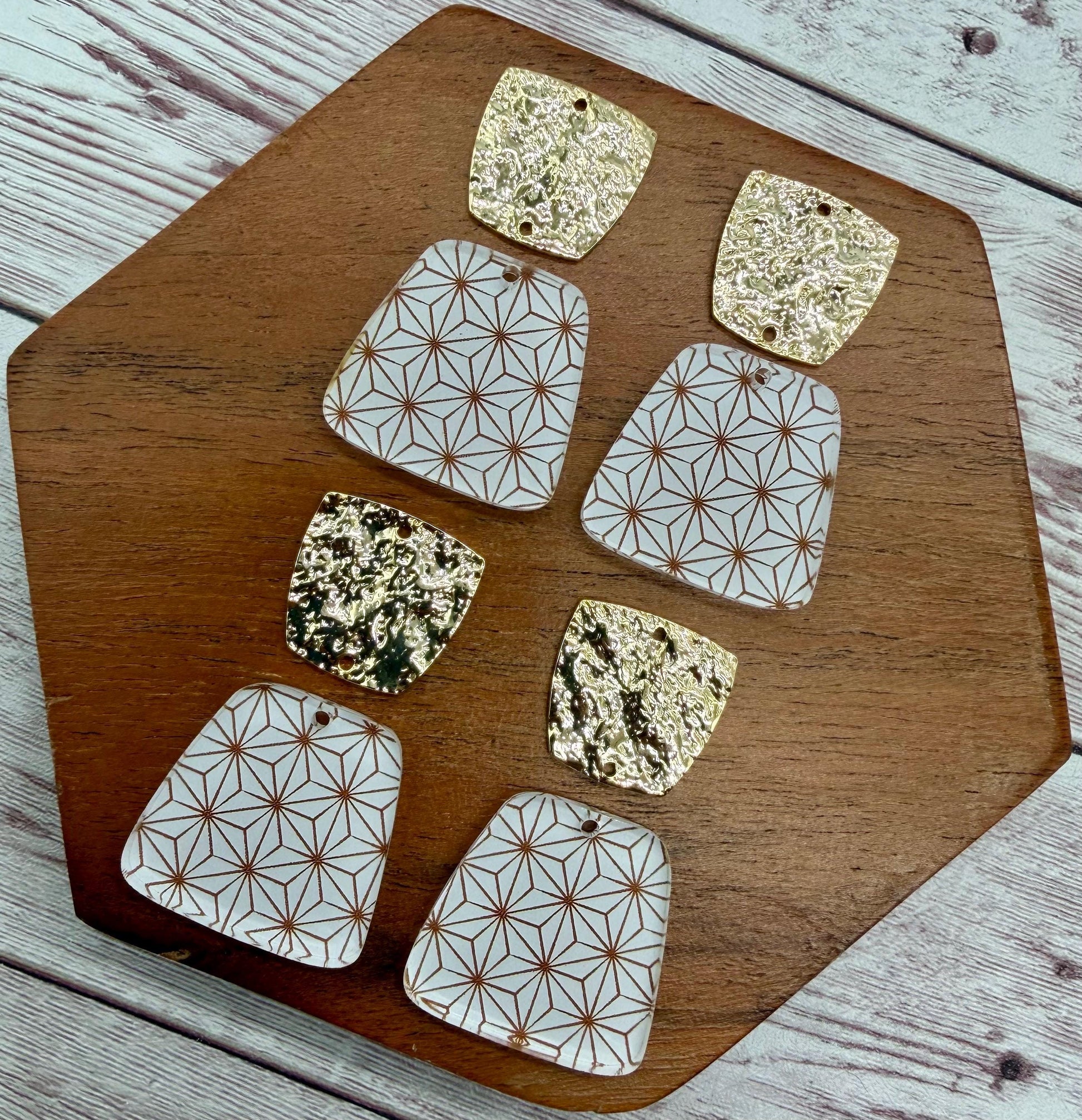 White Print Acrylic and Hammered Gold Trapezoid Connector Set Earring Blanks, DIY Jewelry Making
