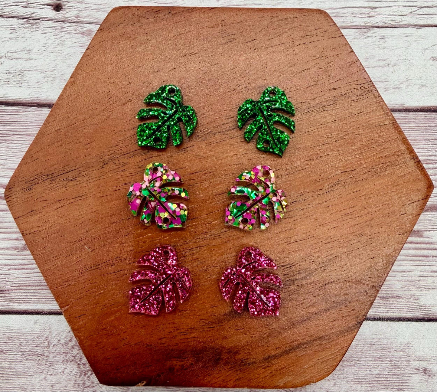 Mixed Pink and Green Glitter Monstera Leaf Trio Summer Tropical Acrylic Earring Blanks, DIY Jewelry Making
