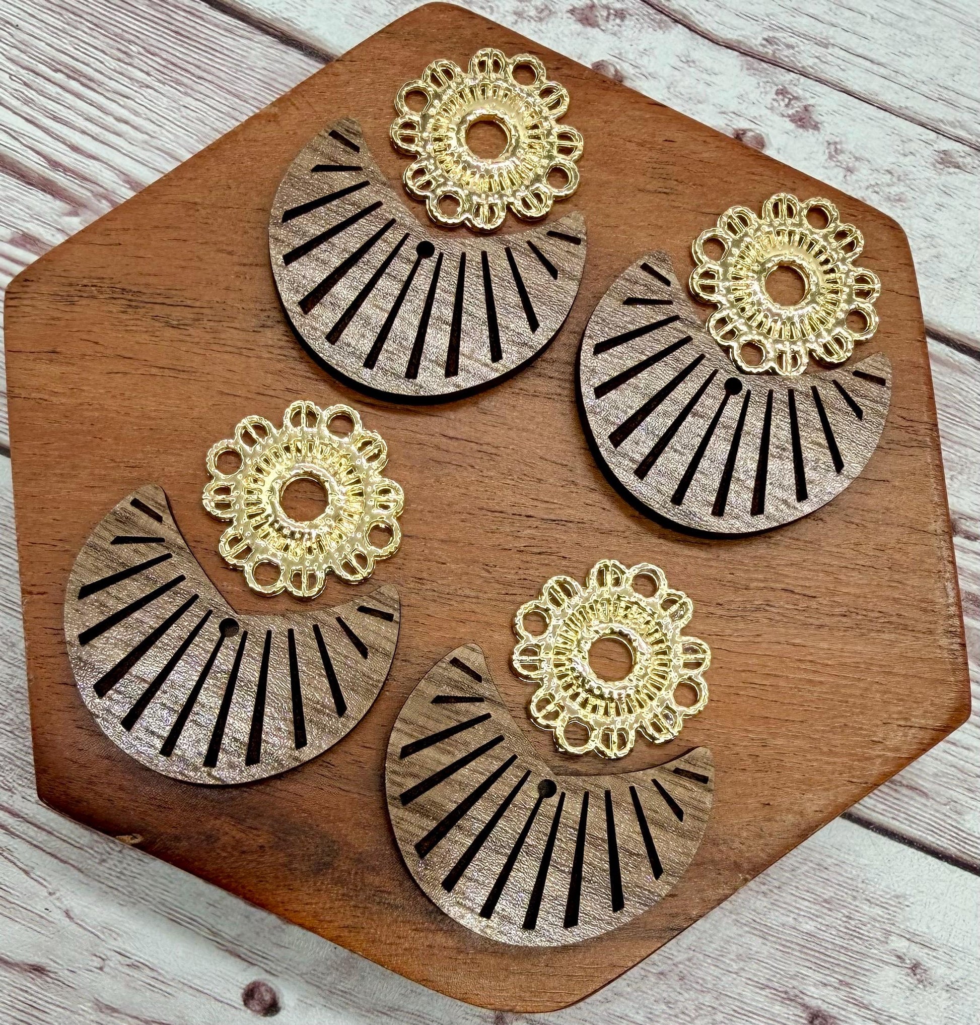 Finished Walnut Engraved Boho Bottom With Gold Connector Set Earring Blanks, DIY Jewelry Making