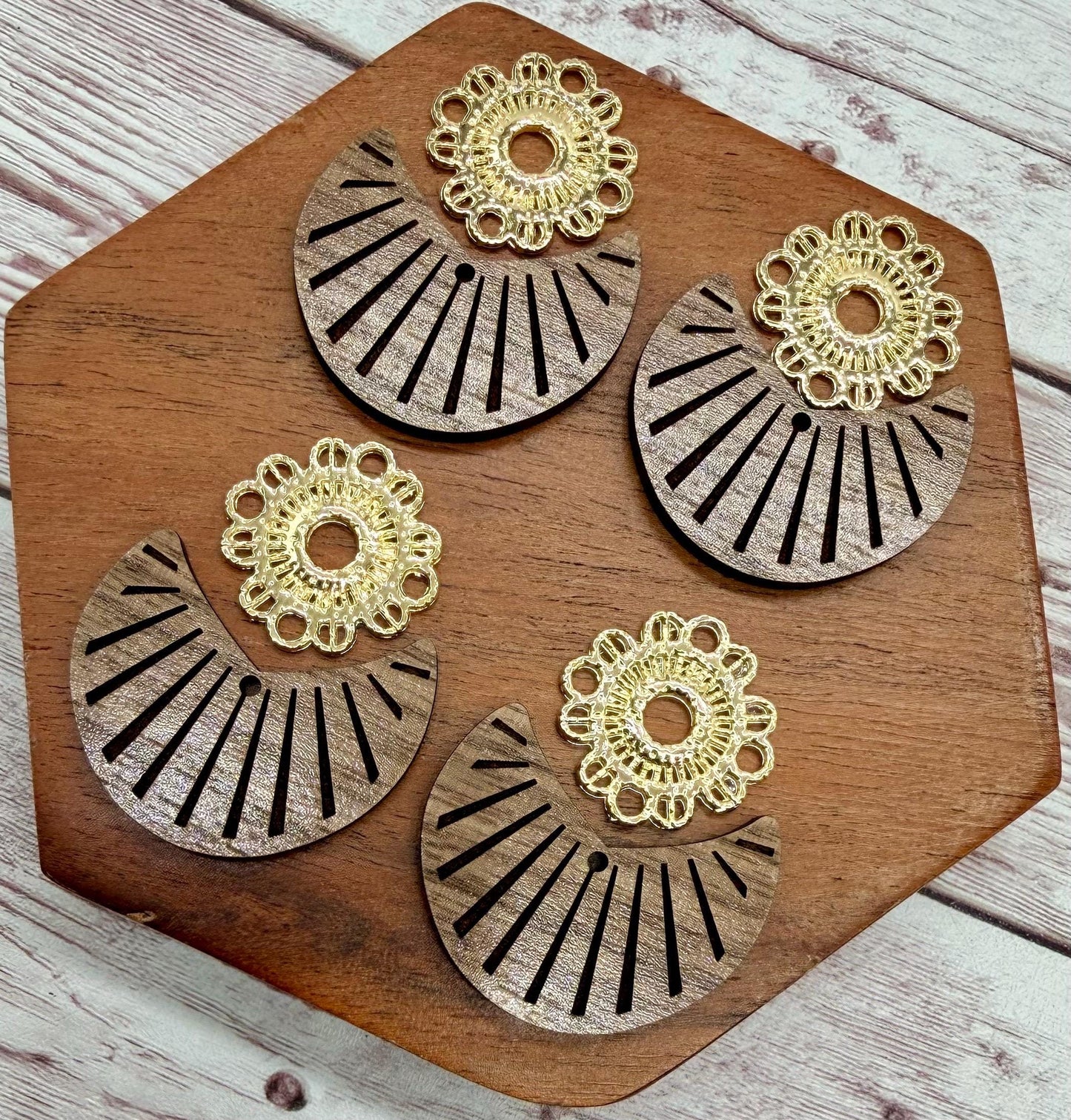 Finished Walnut Engraved Boho Bottom With Gold Connector Set Earring Blanks, DIY Jewelry Making