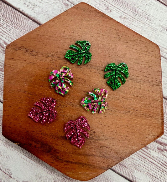 Mixed Pink and Green Glitter Monstera Leaf Trio Summer Tropical Acrylic Earring Blanks, DIY Jewelry Making