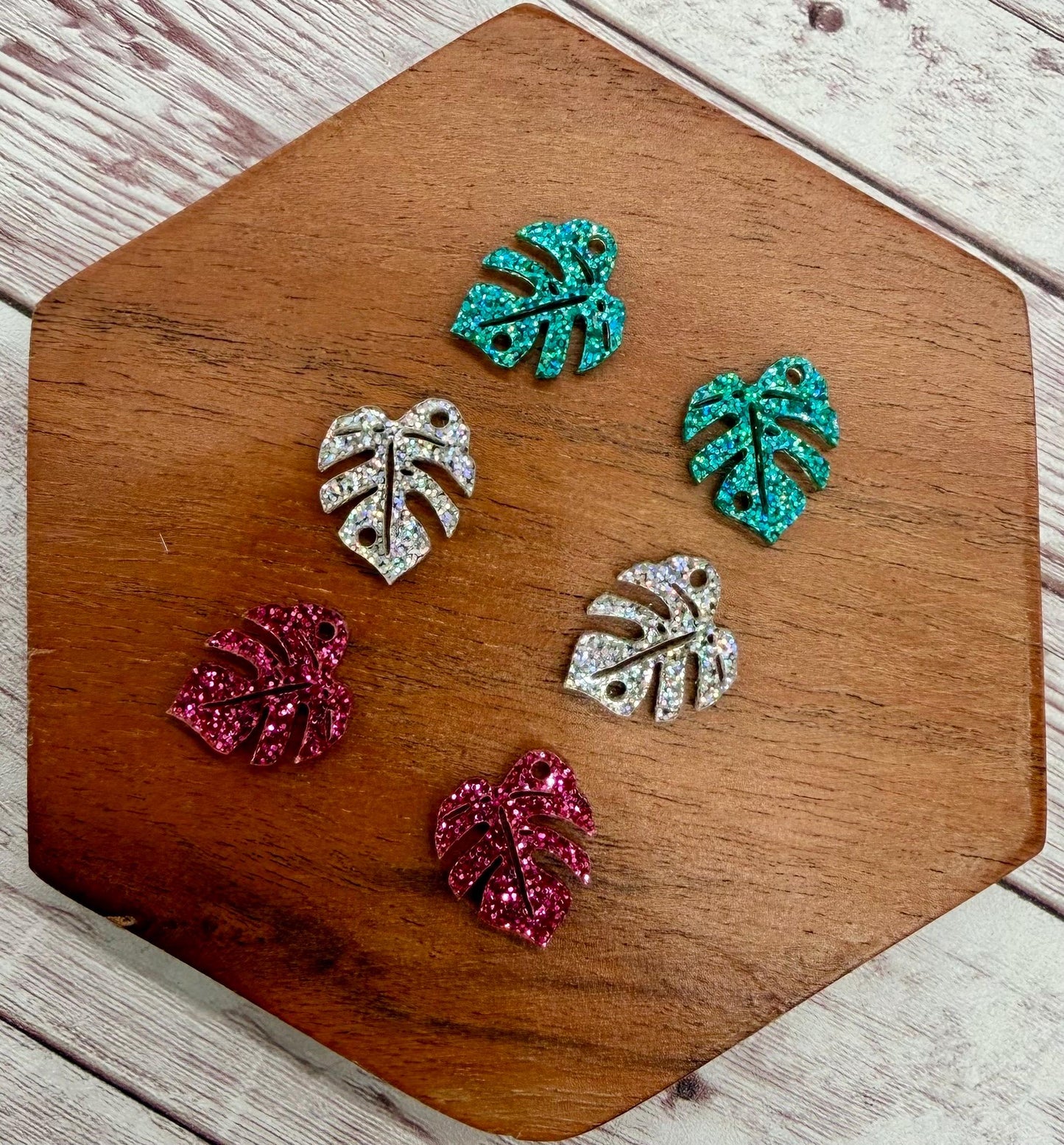 Teal, Holographic, and Pink Glitter Monstera Leaf Trio Summer Tropical Acrylic Earring Blanks, DIY Jewelry Making