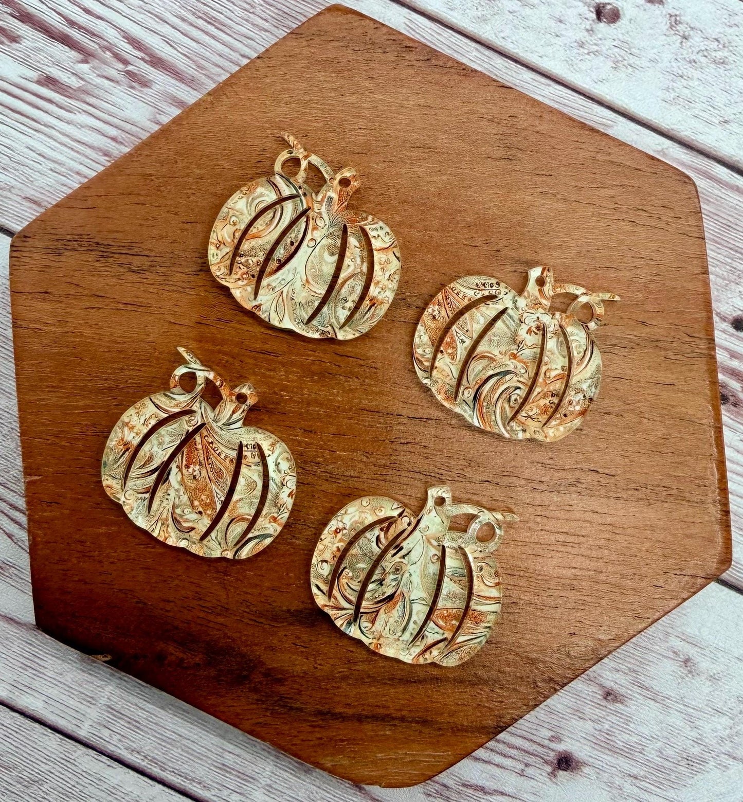 Set of 2 Pumpkin Orange and Tan Tooled Print Acrylic Fall Earring Blanks DIY Jewelry Making