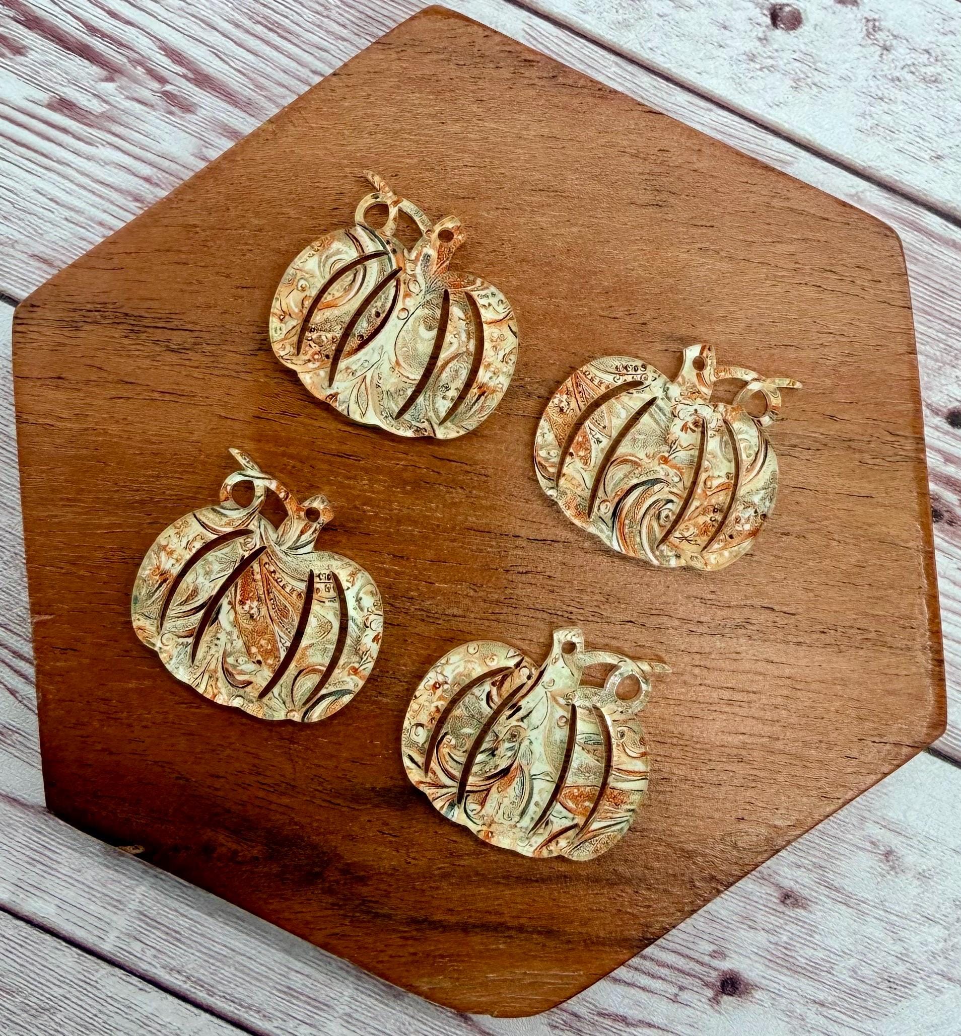 Set of 2 Pumpkin Orange and Tan Tooled Print Acrylic Fall Earring Blanks DIY Jewelry Making
