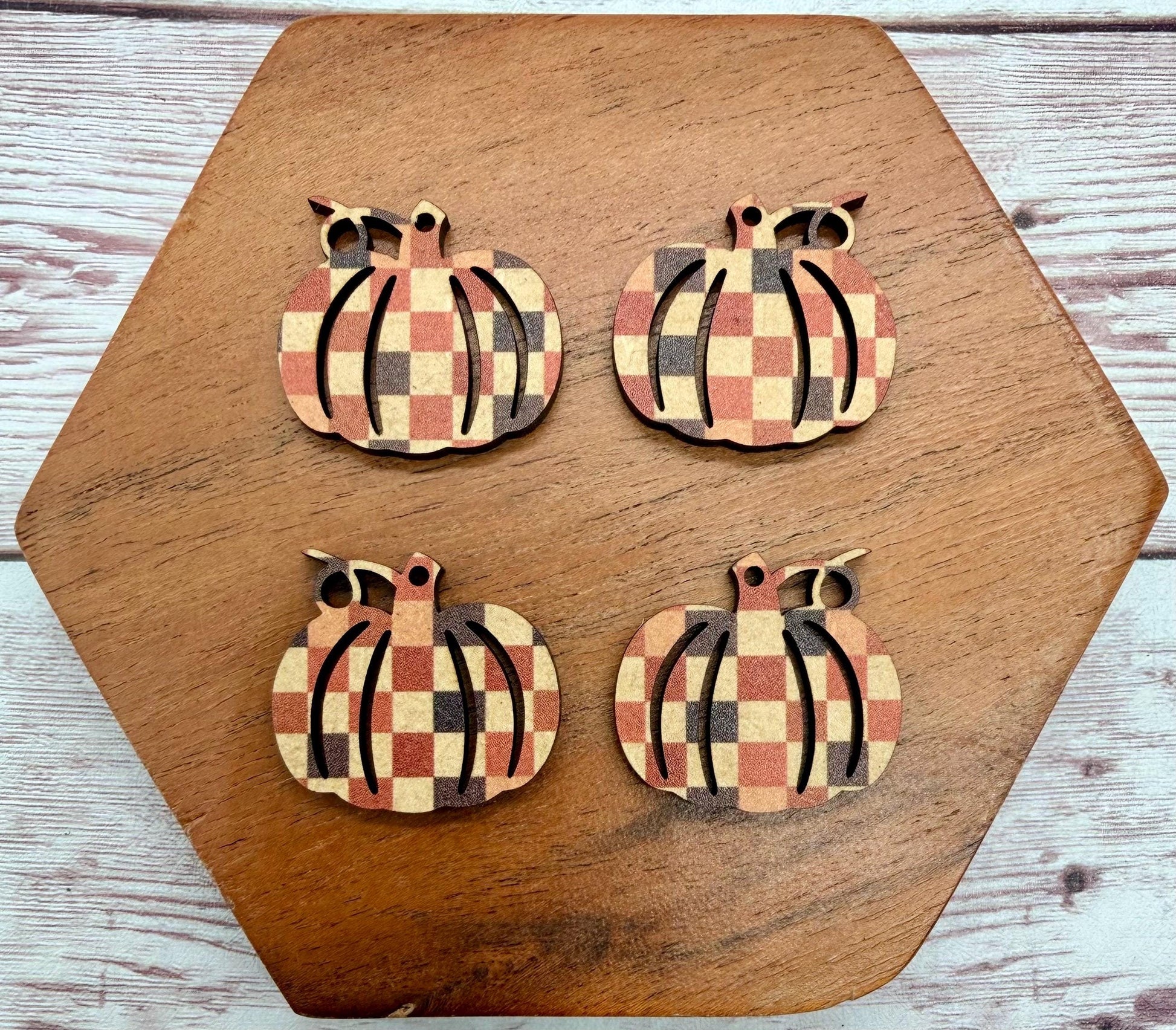 Set of 2 Pumpkin Fall Checkered Print Wood Fall Earring Blanks DIY Jewelry Making