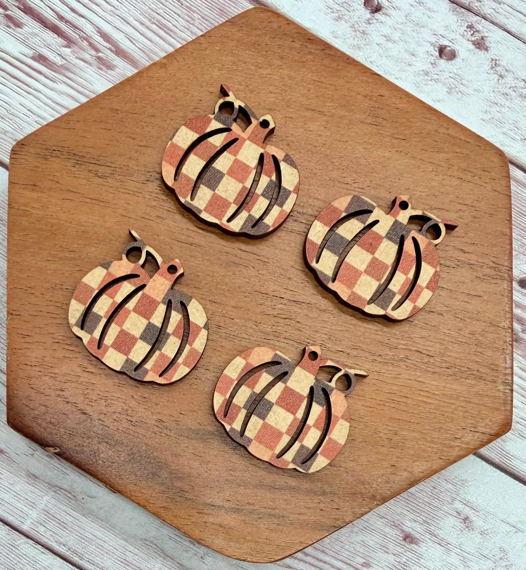 Set of 2 Pumpkin Fall Checkered Print Wood Fall Earring Blanks DIY Jewelry Making