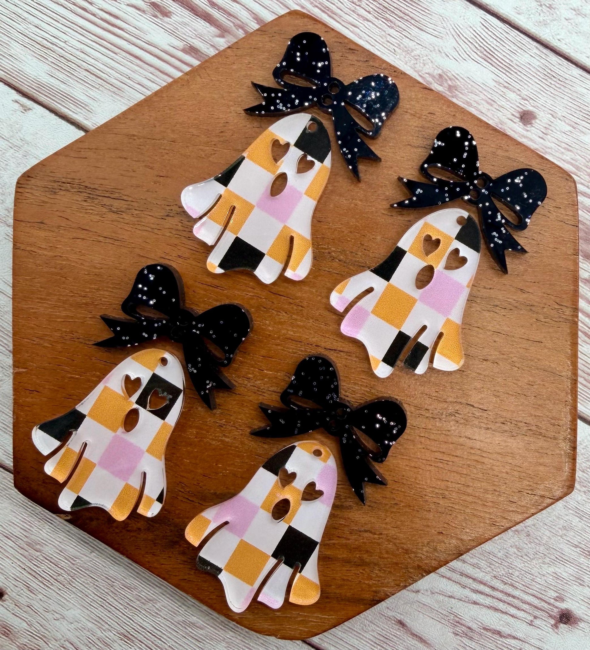 Halloween Checkered Ghost and Black Glitter Bow Fall Halloween Set Earring Blanks, DIY Jewelry Making