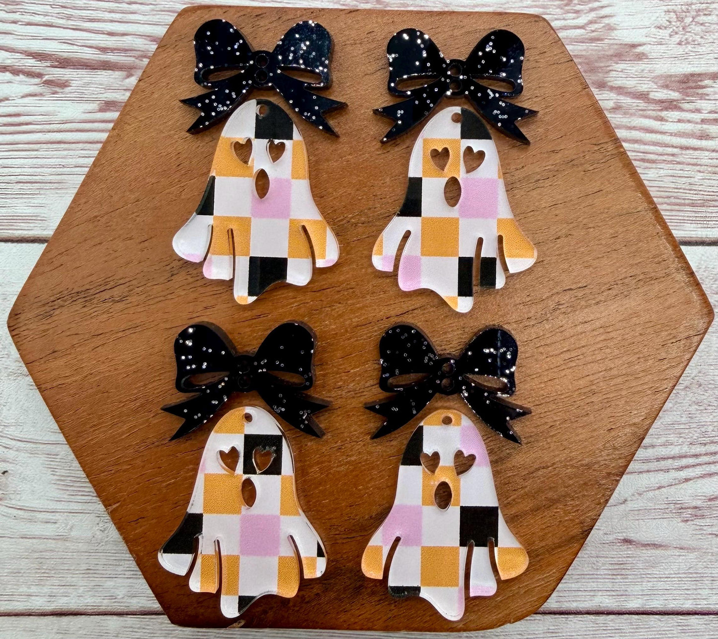 Halloween Checkered Ghost and Black Glitter Bow Fall Halloween Set Earring Blanks, DIY Jewelry Making