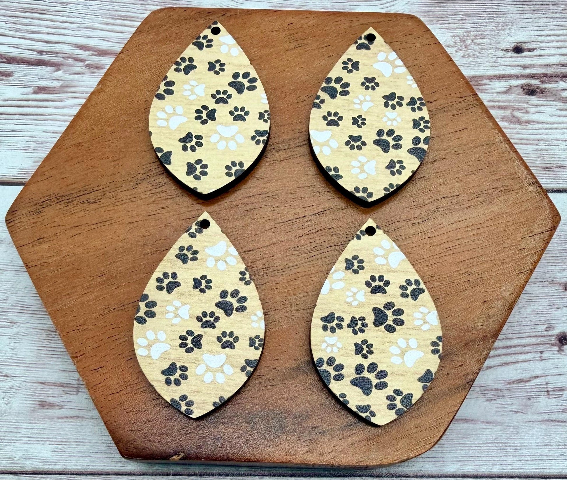 Black and White Paw Print Patterned Wood Teardrop Earring Blanks, DIY Jewelry Making