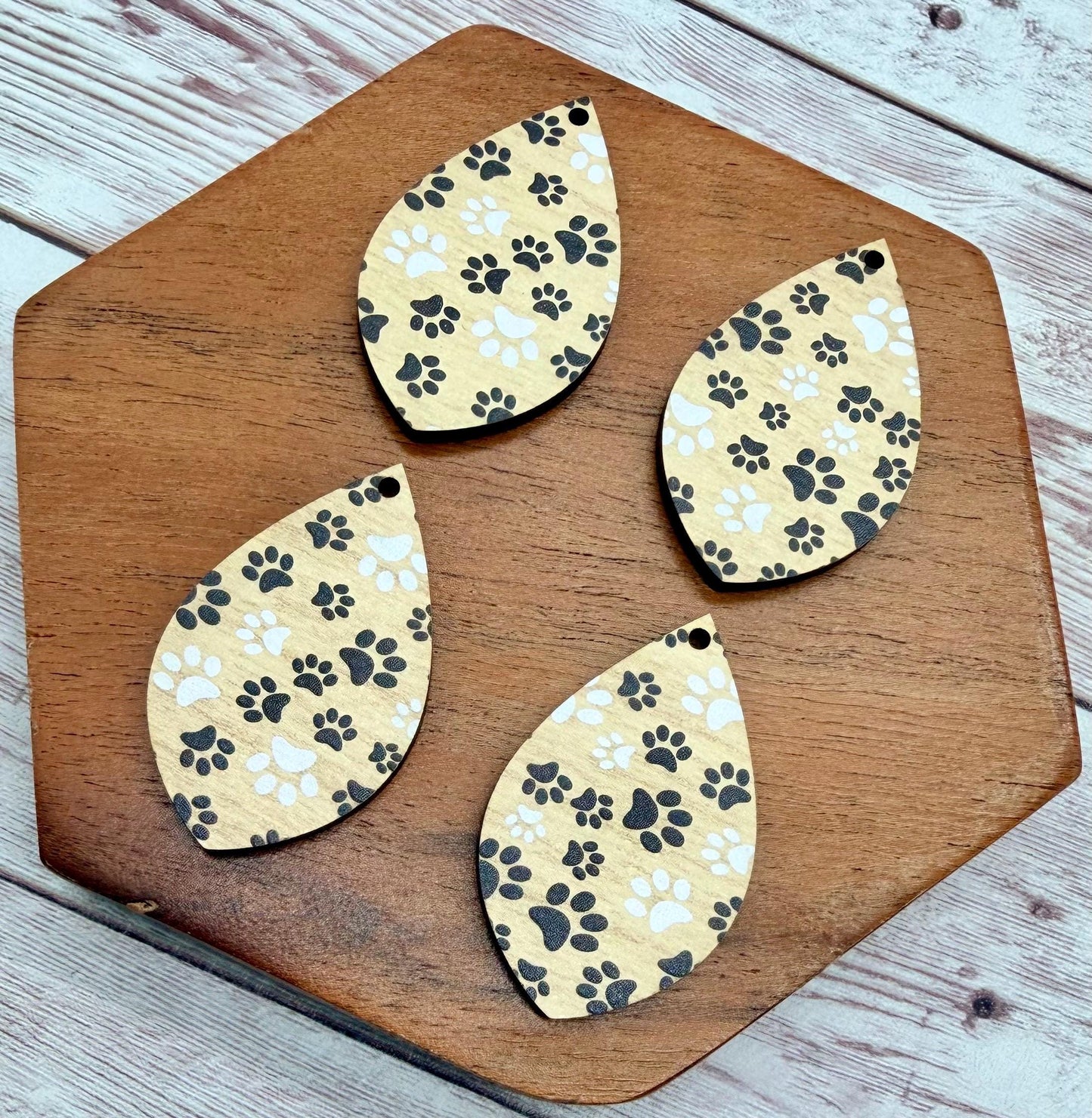 Black and White Paw Print Patterned Wood Teardrop Earring Blanks, DIY Jewelry Making