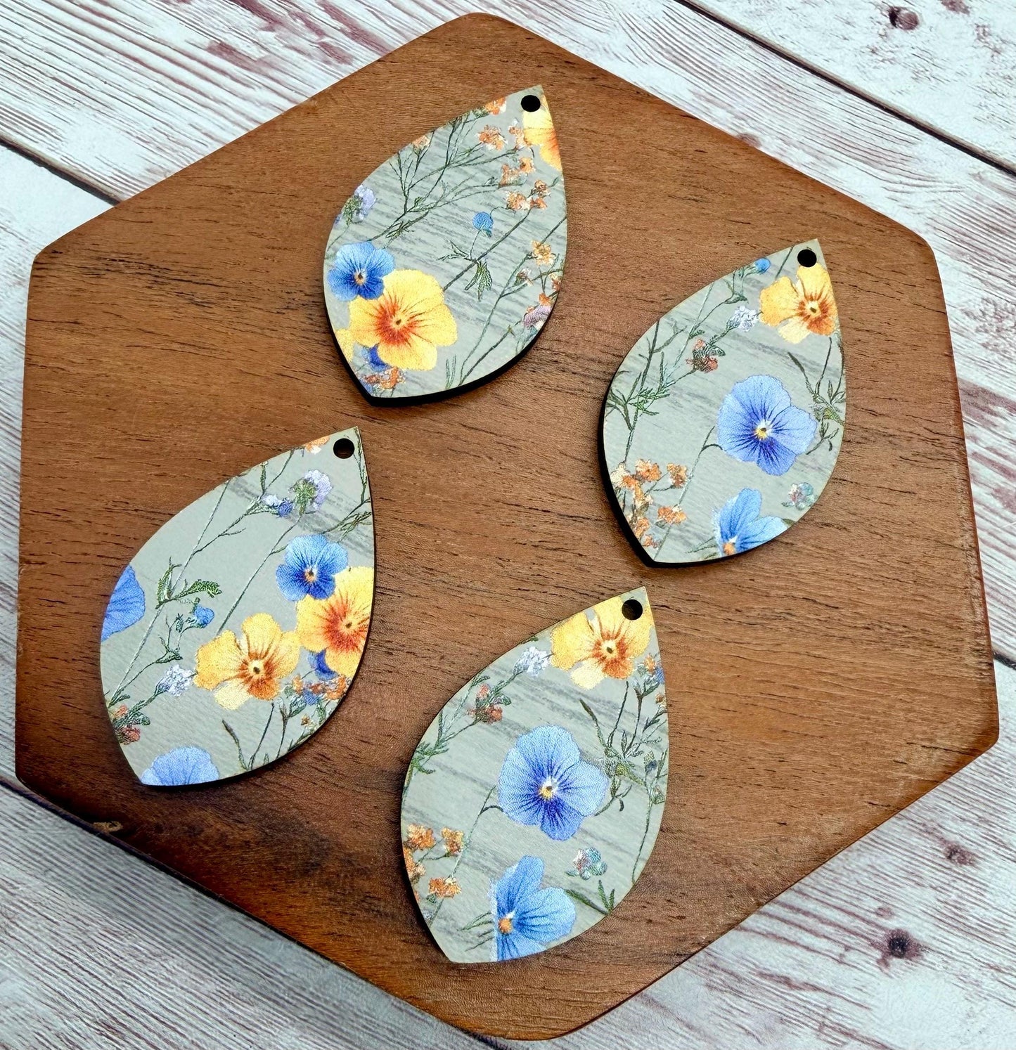 Farmhouse Pressed Wildflower Print Patterned Wood Teardrop Earring Blanks, DIY Jewelry Making