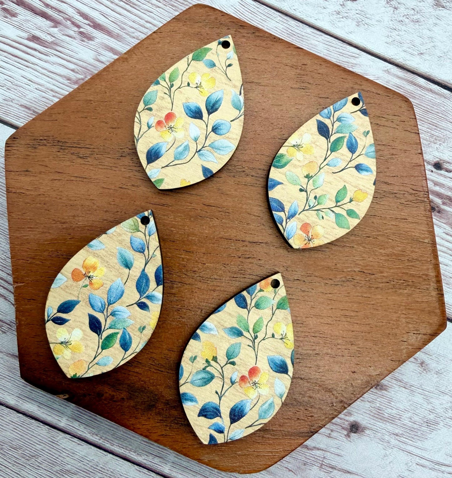 Vine and Flower Print Patterned Wood Teardrop Earring Blanks, DIY Jewelry Making