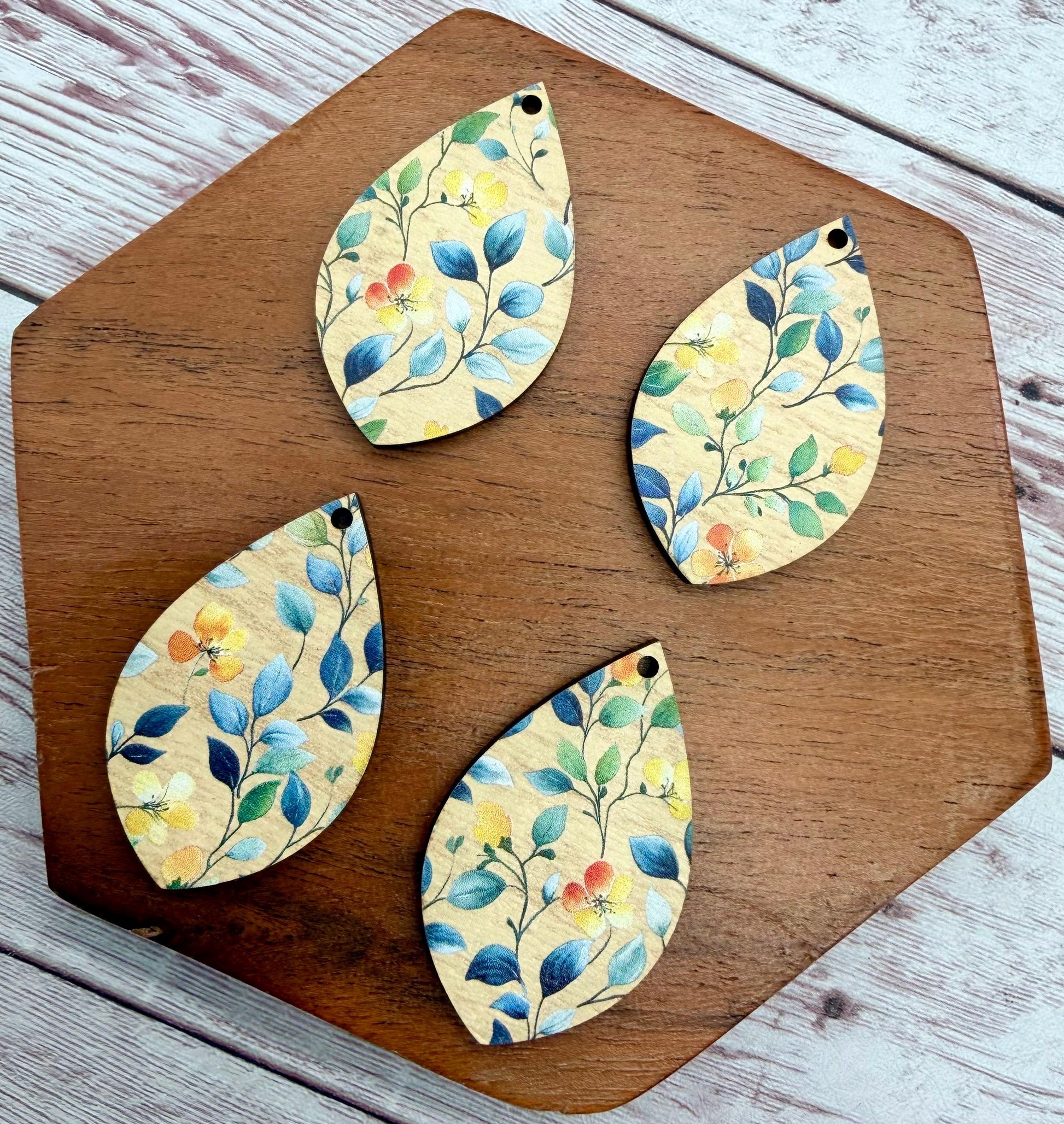 Vine and Flower Print Patterned Wood Teardrop Earring Blanks, DIY Jewelry Making