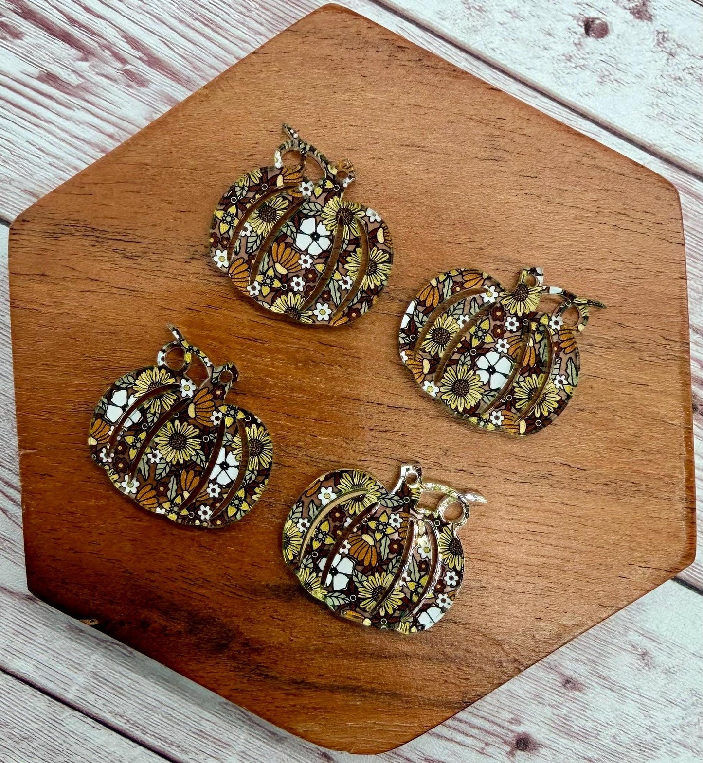 Set of 2 Pumpkin Brown 70s Floral Print Acrylic Fall Earring Blanks DIY Jewelry Making